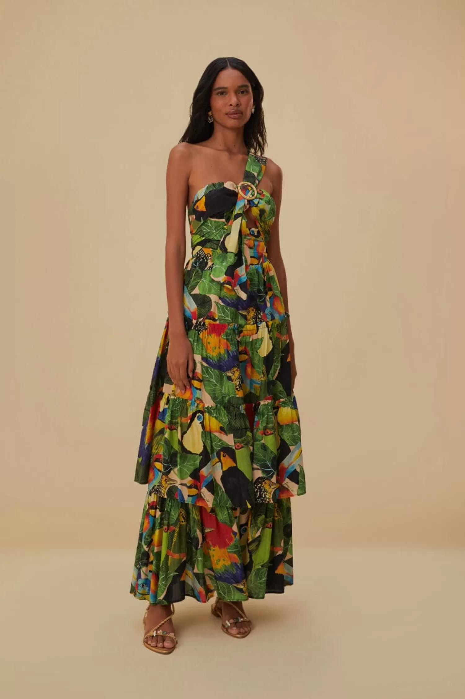 FARM Rio Maxi Dresses^ BIRD LEAVES SAND ONE SHOULDER MAXI DRESS