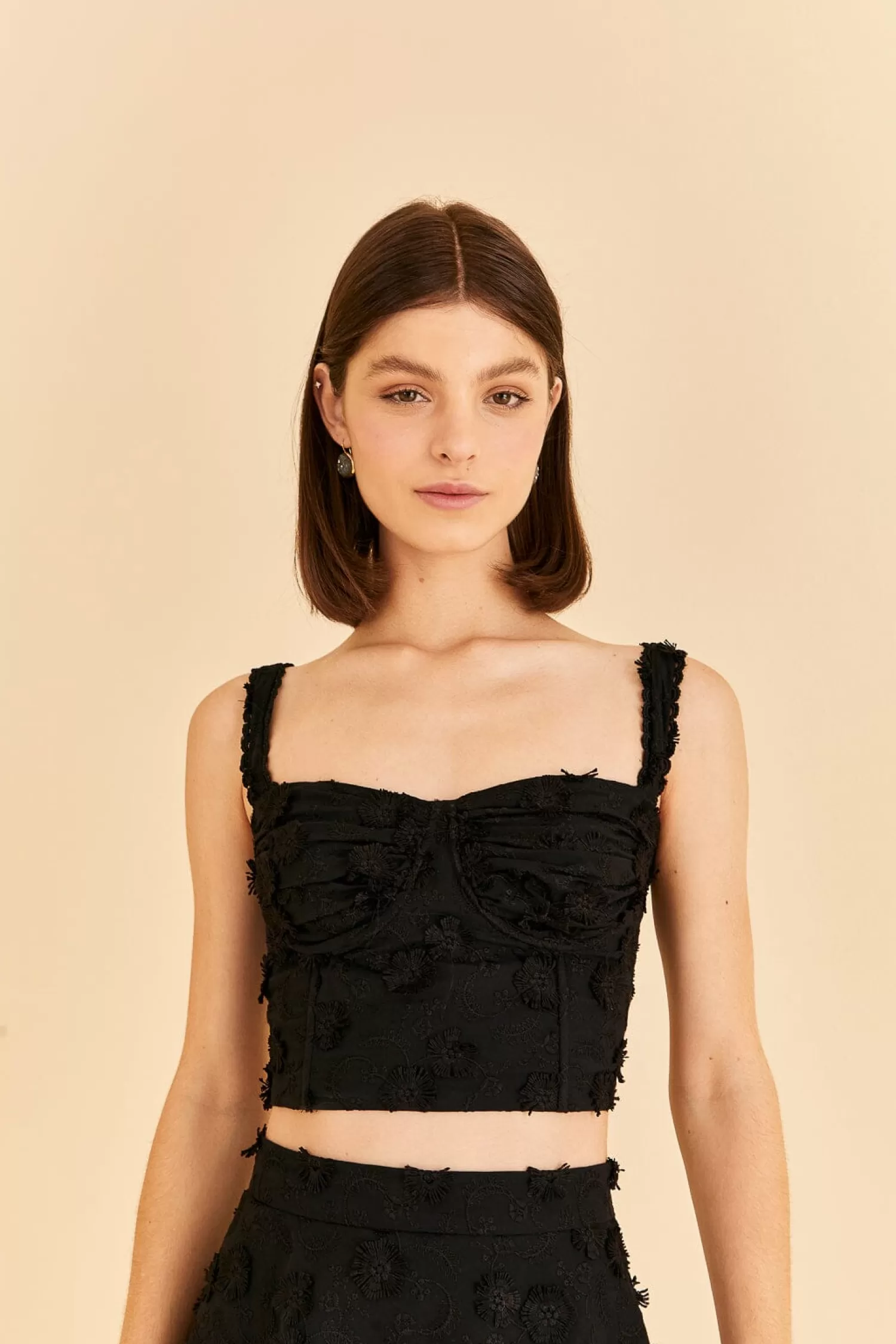 FARM Rio Crop Tops^ BLACK 3D FLOWER CORSET CROP TOP