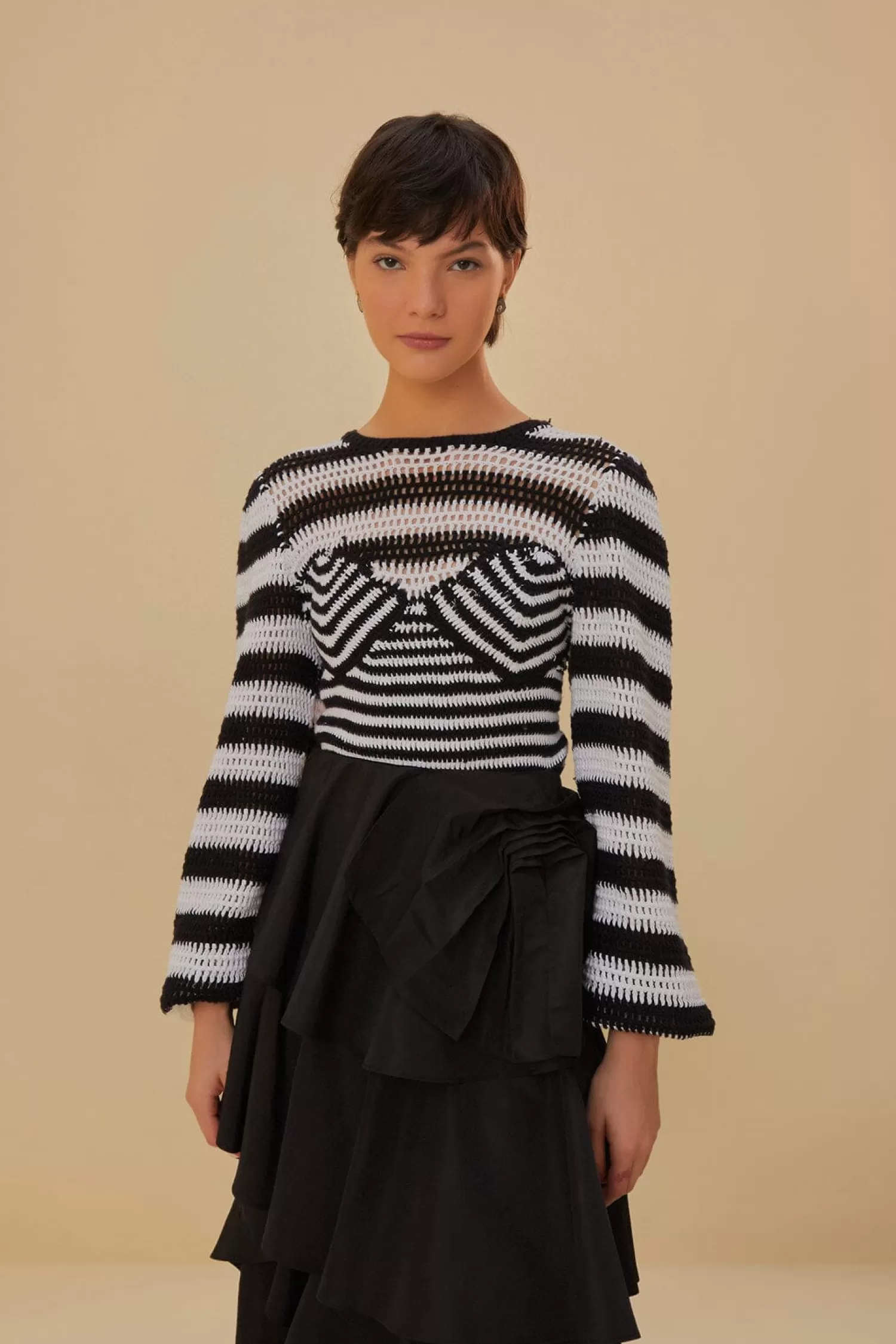 FARM Rio Blouses^ BLACK AND WHITE STRIPES CROCHET BLOUSE