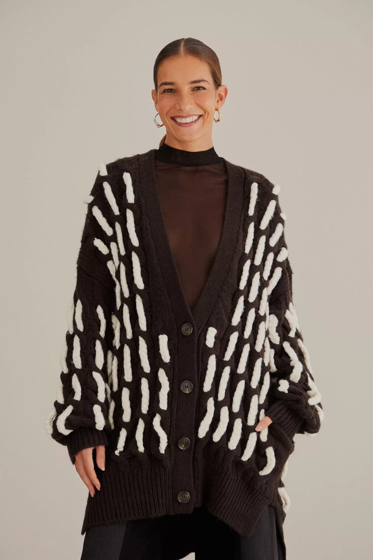 FARM Rio Cardigans^ BLACK AND WHITE TEXTURED KNIT CARDIGAN