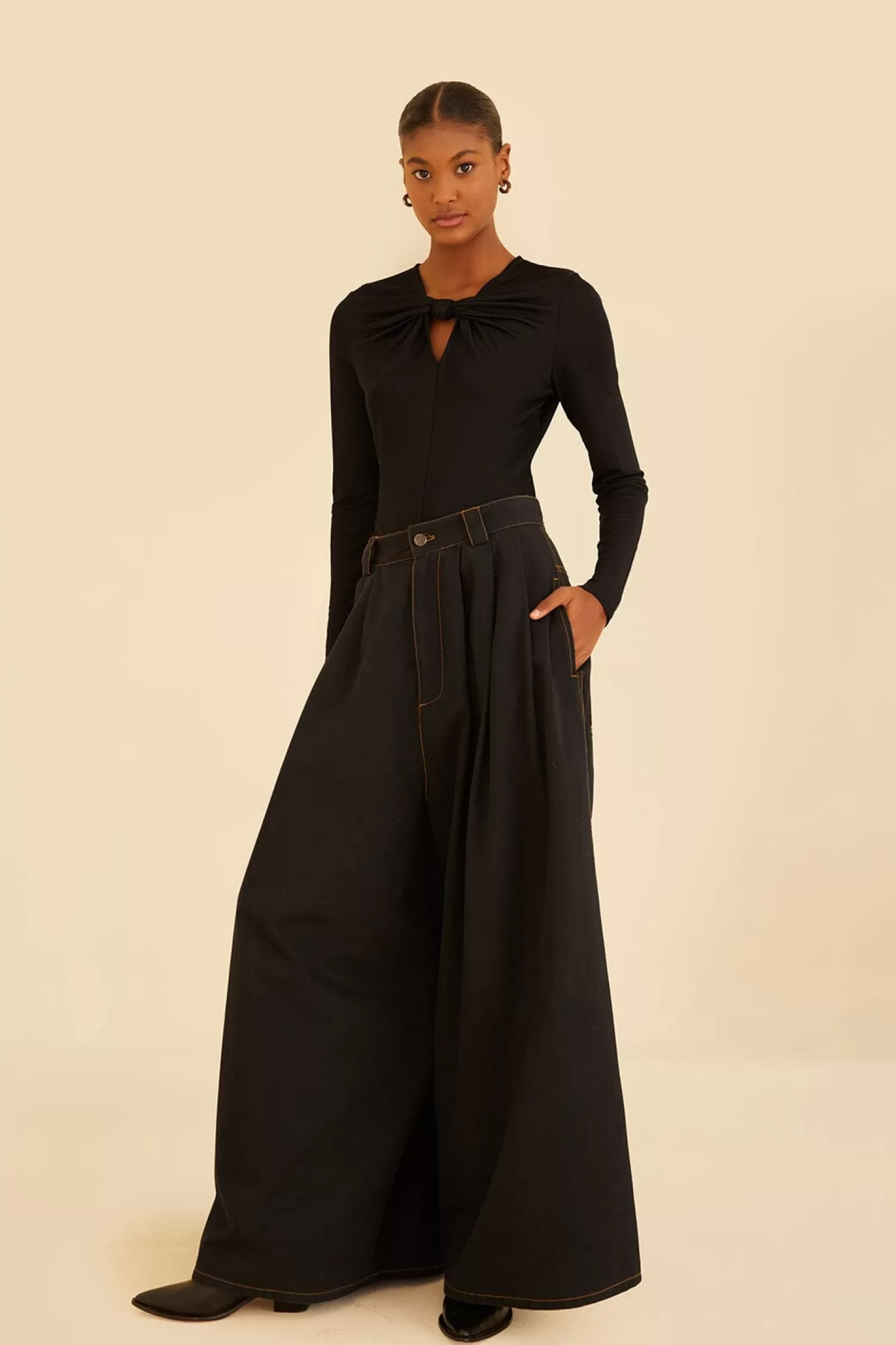 FARM Rio Pants^ BLACK CANVAS MAXI PLEATED PANTS