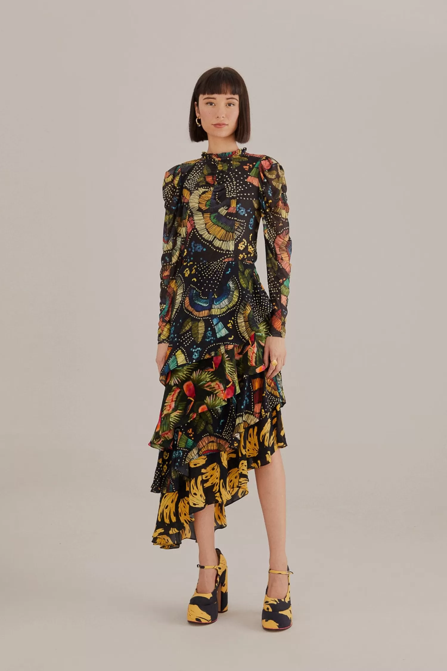 FARM Rio Blouses^ BLACK COLORFUL BIRDS TULLE BLOUSE