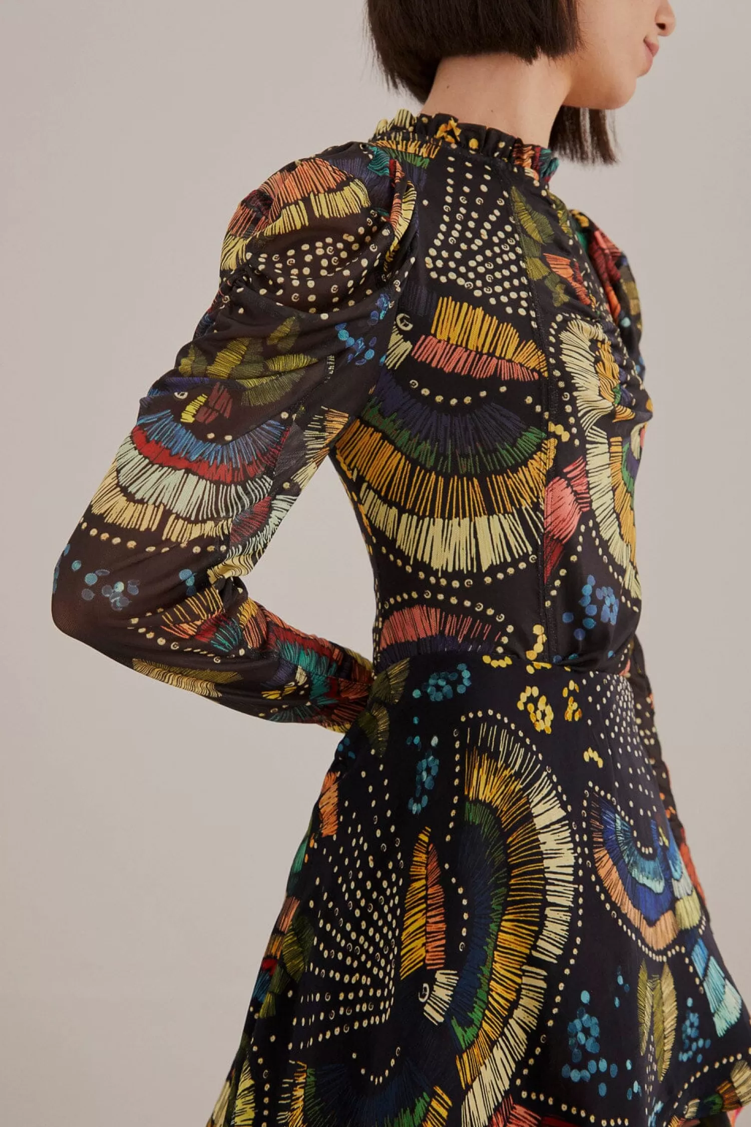 FARM Rio Blouses^ BLACK COLORFUL BIRDS TULLE BLOUSE