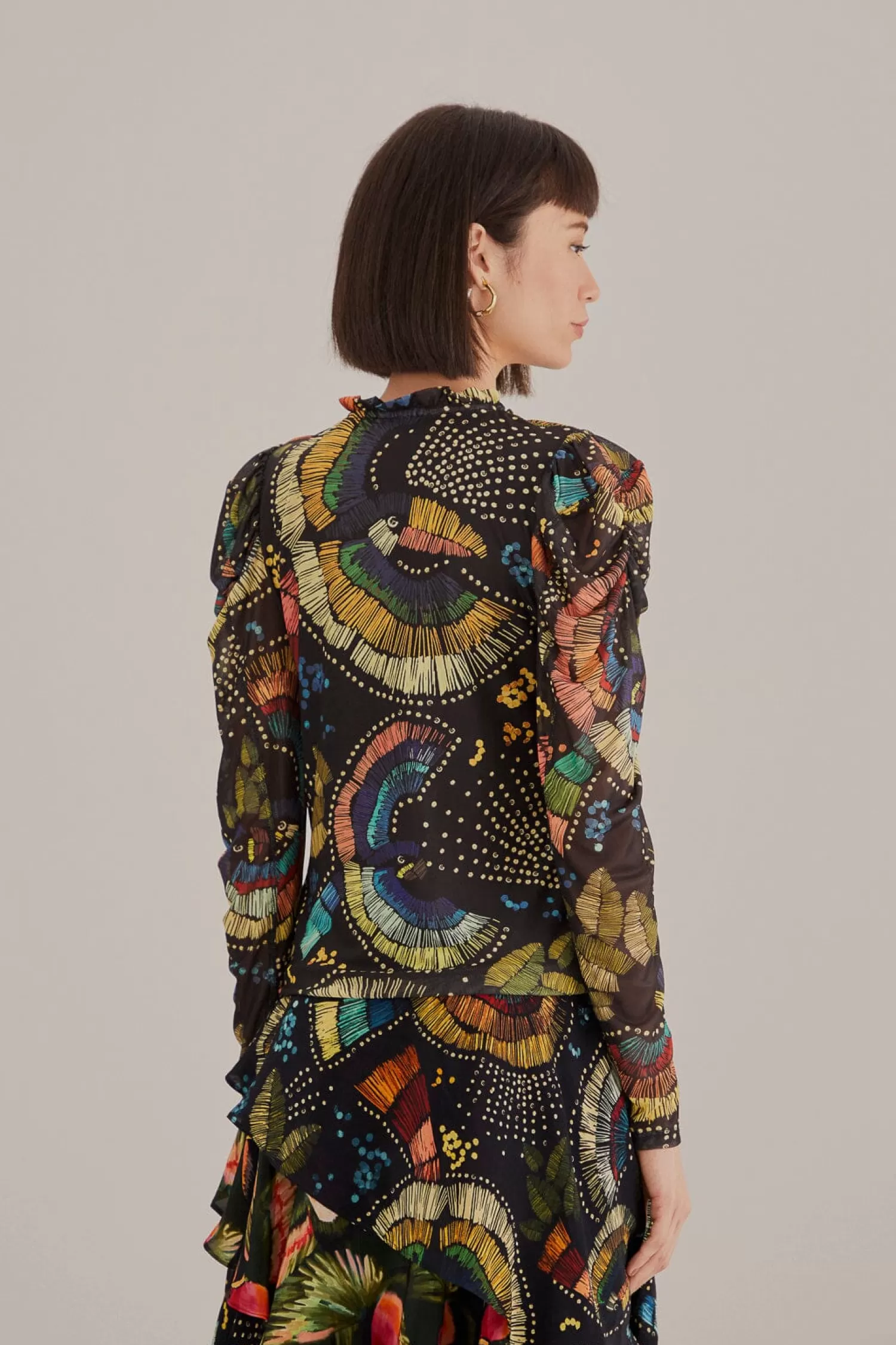 FARM Rio Blouses^ BLACK COLORFUL BIRDS TULLE BLOUSE