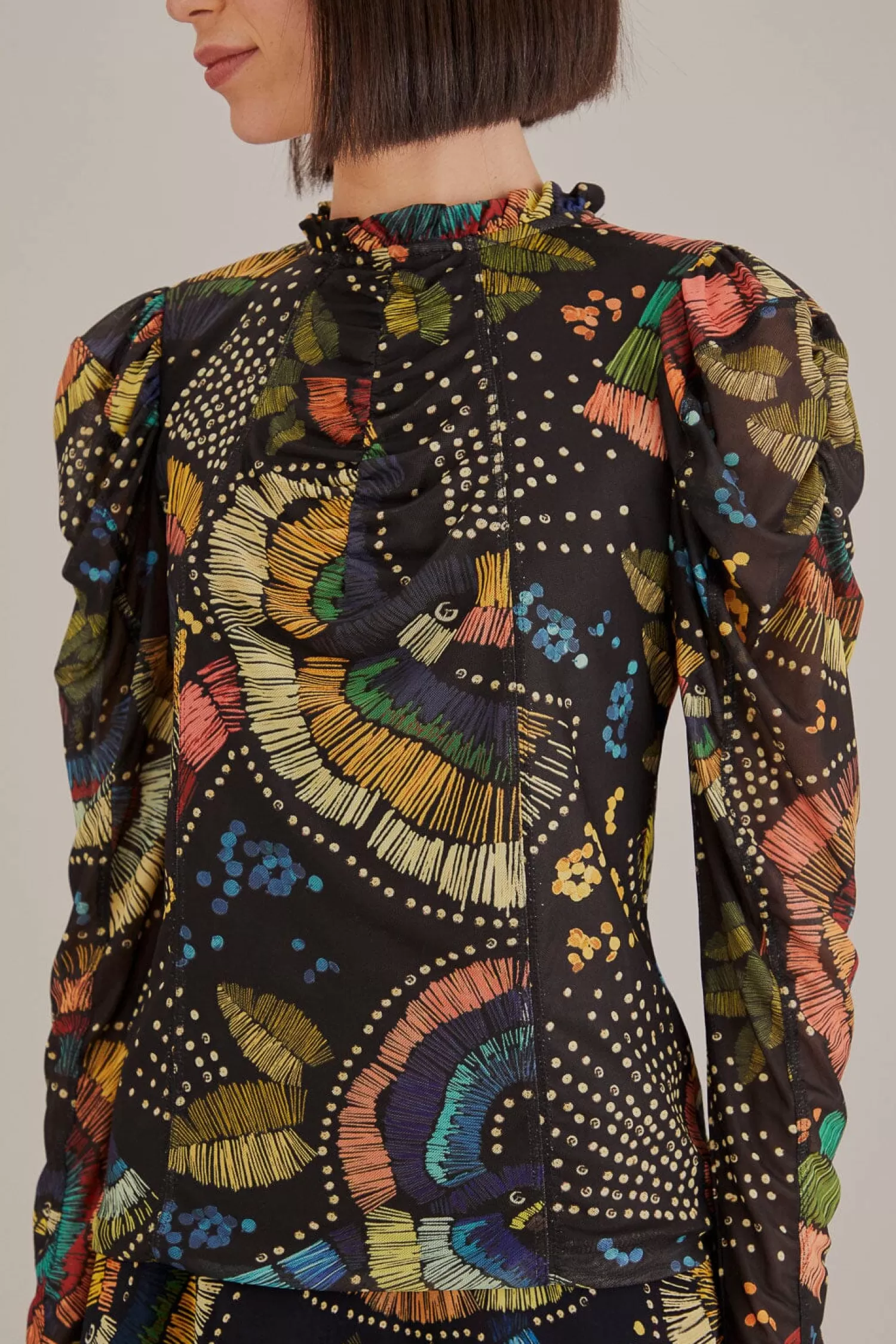FARM Rio Blouses^ BLACK COLORFUL BIRDS TULLE BLOUSE