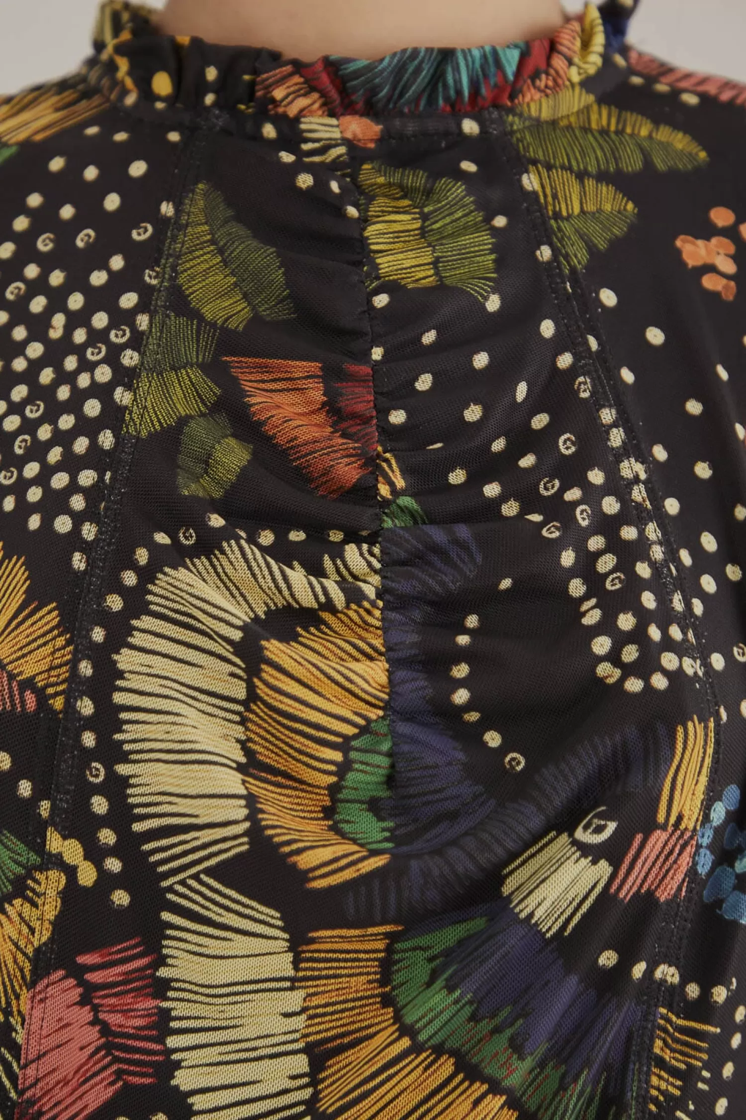 FARM Rio Blouses^ BLACK COLORFUL BIRDS TULLE BLOUSE