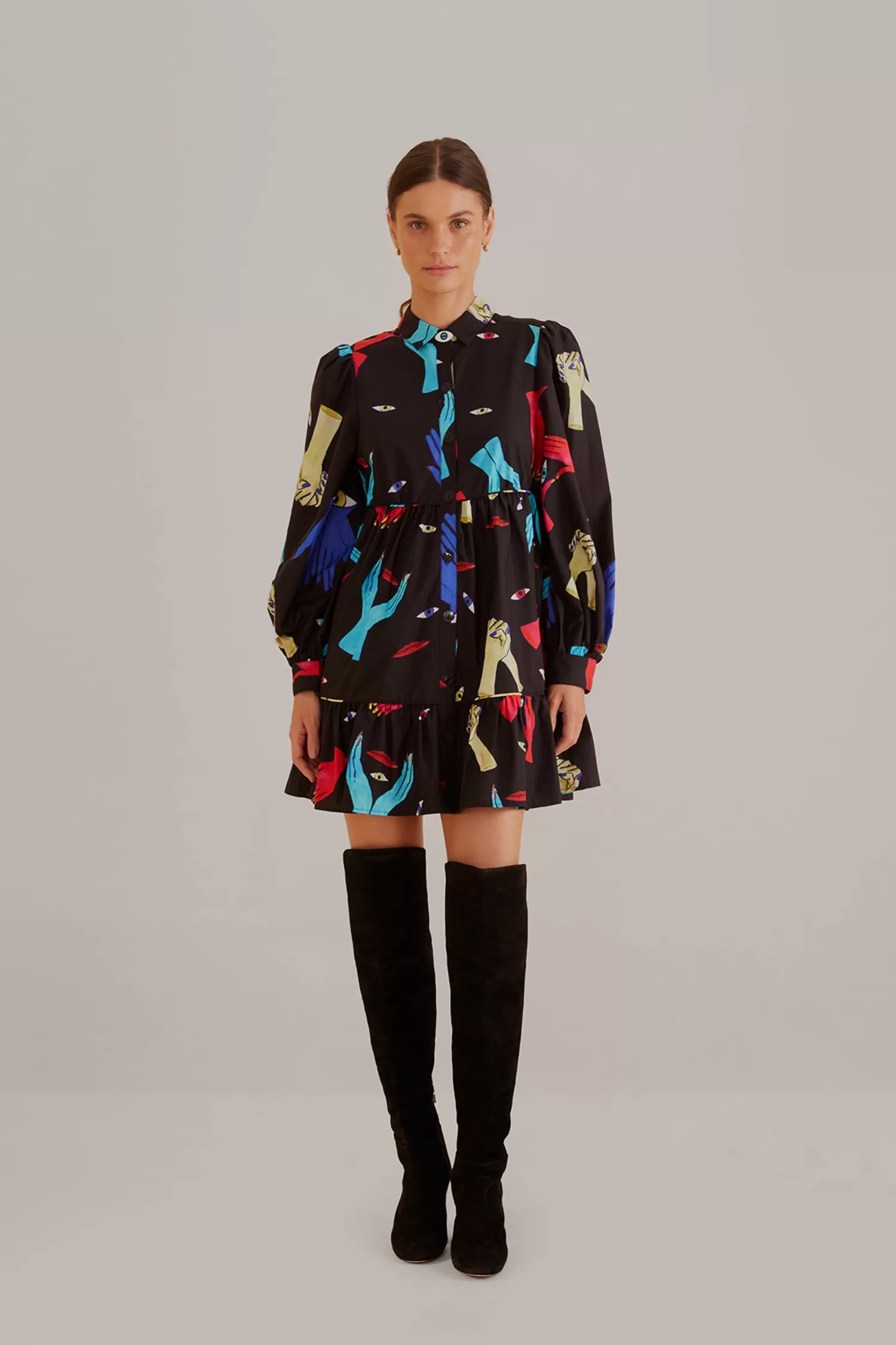 FARM Rio Mini Dresses^ BLACK COLORFUL TOGETHER  LONG SLEEVE MINI DRESS