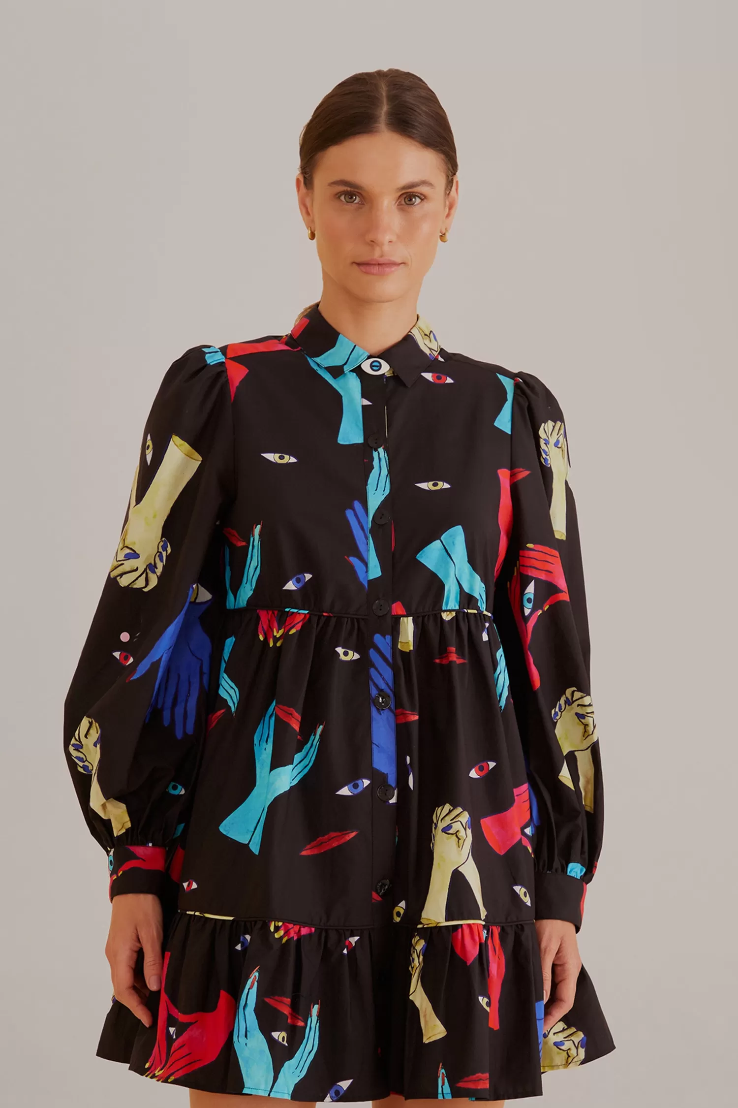 FARM Rio Mini Dresses^ BLACK COLORFUL TOGETHER  LONG SLEEVE MINI DRESS