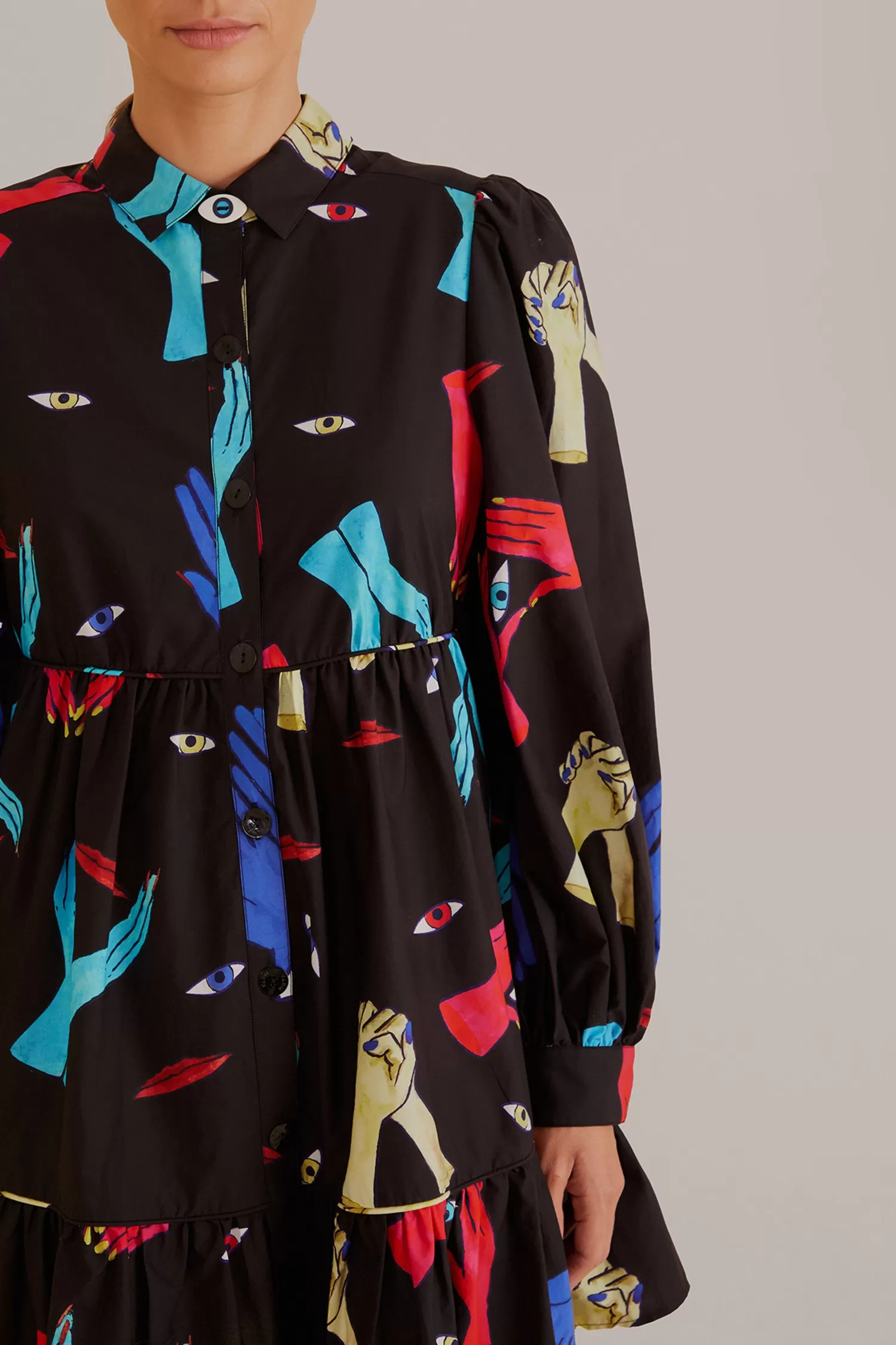FARM Rio Mini Dresses^ BLACK COLORFUL TOGETHER  LONG SLEEVE MINI DRESS