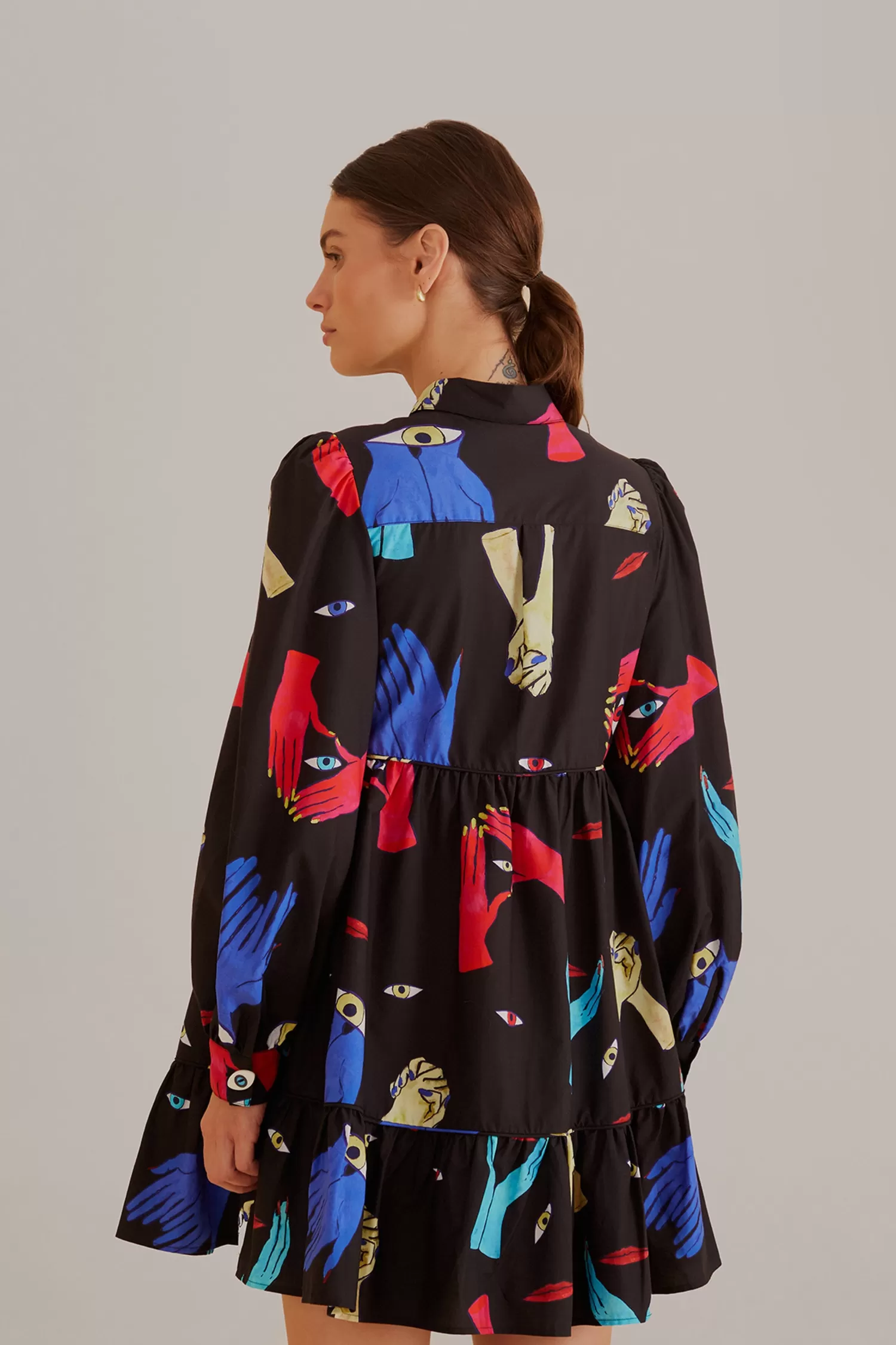 FARM Rio Mini Dresses^ BLACK COLORFUL TOGETHER  LONG SLEEVE MINI DRESS