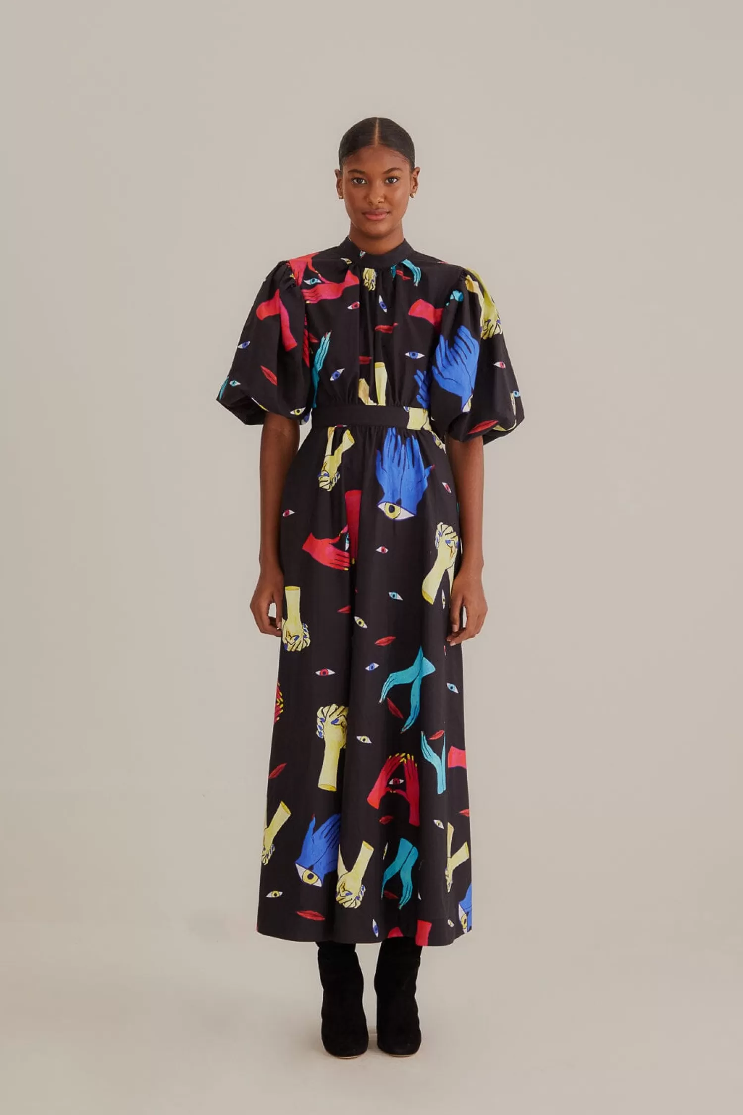 FARM Rio Midi Dresses^ BLACK COLORFUL TOGETHER SHORT SLEEVE MIDI DRESS
