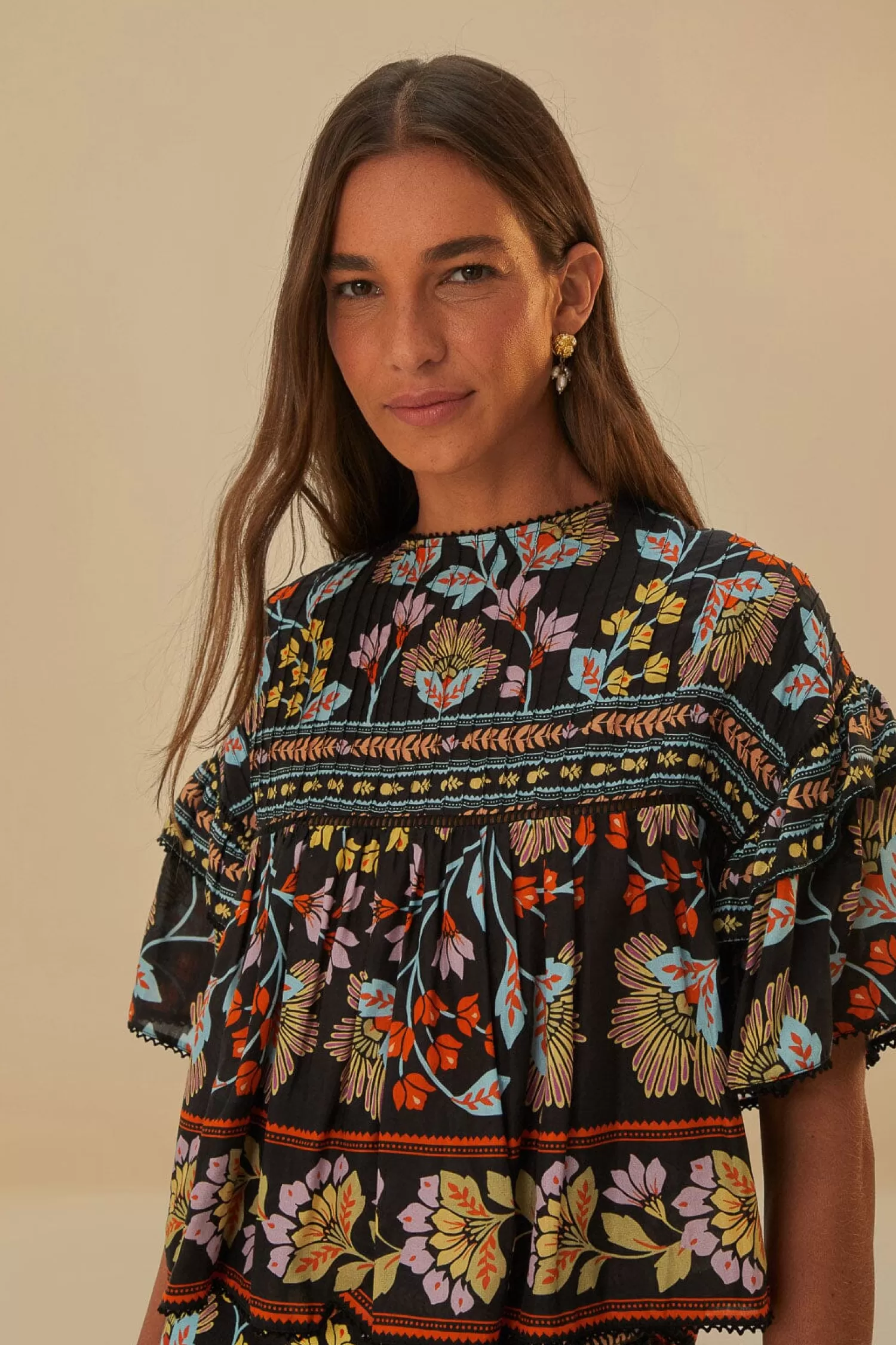 FARM Rio Blouses^ BLACK FLOWERY RUFFLE BLOUSE