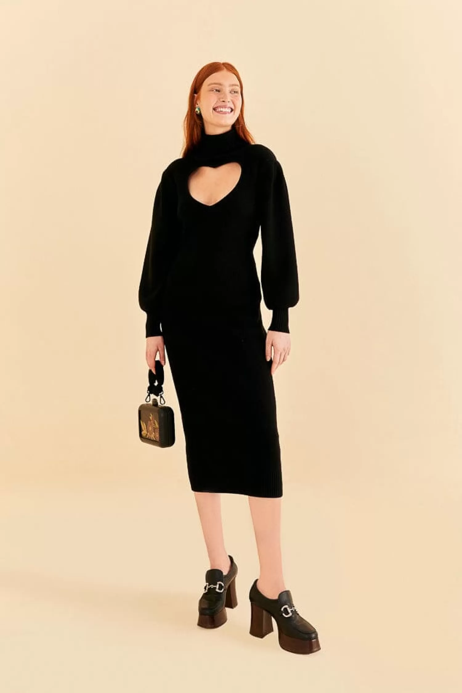 FARM Rio Midi Dresses^ BLACK HEART NECKLINE KNIT DRESS