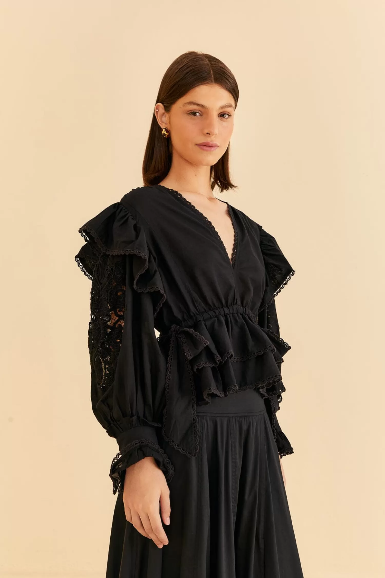 FARM Rio Blouses^ BLACK LONG SLEEVE V NECKLINE BLOUSE