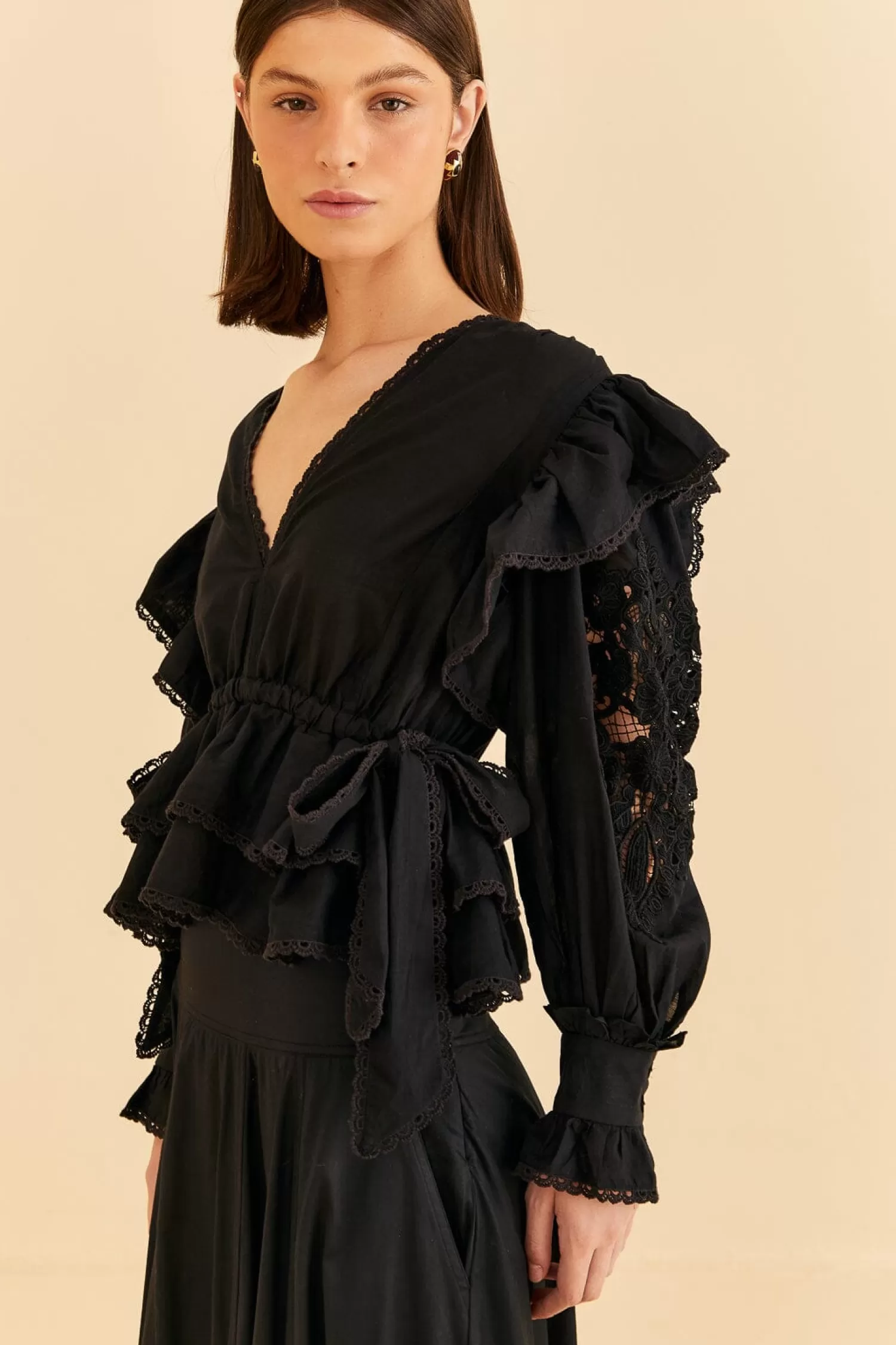 FARM Rio Blouses^ BLACK LONG SLEEVE V NECKLINE BLOUSE