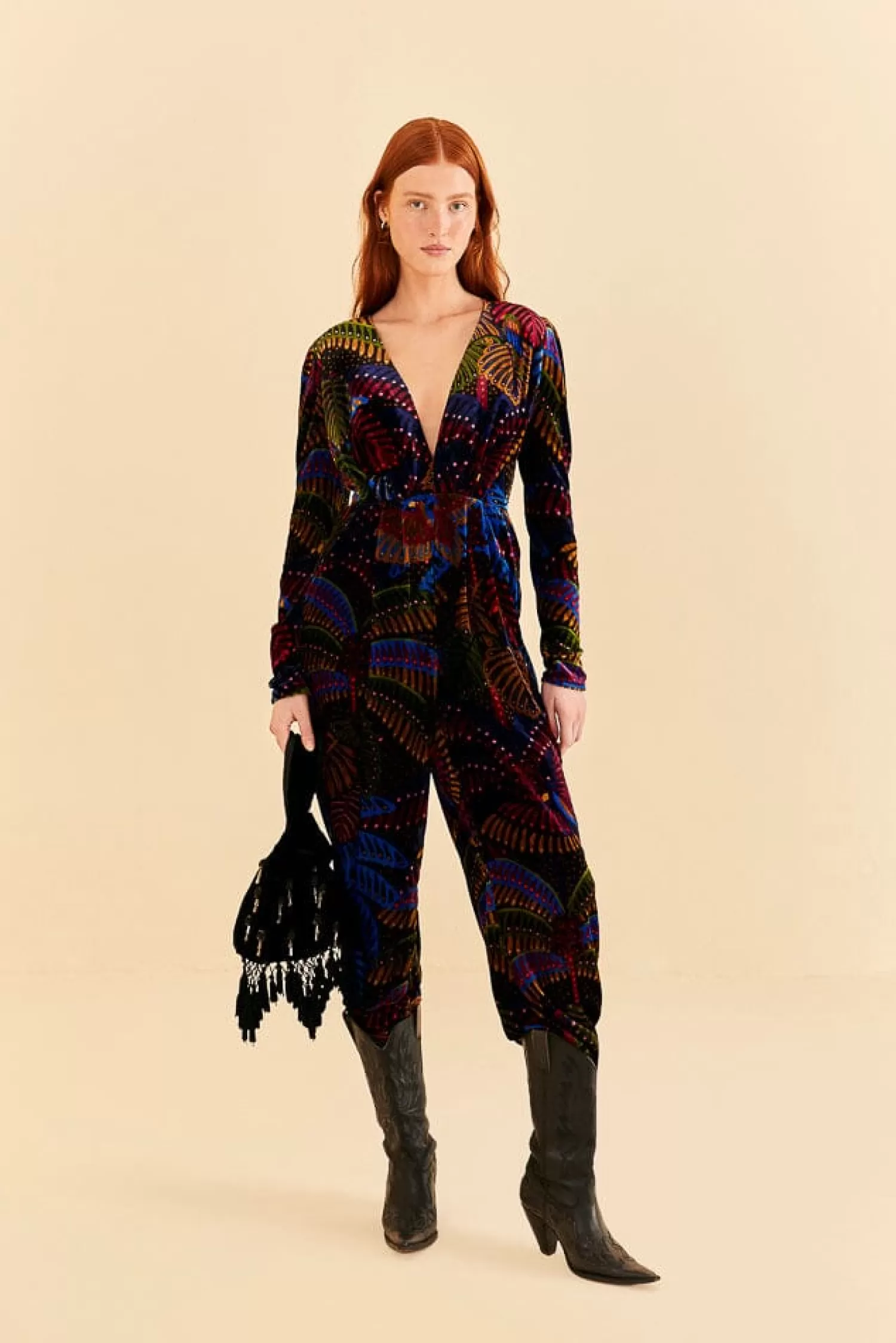 FARM Rio Jumpsuits^ BLACK MIDNIGHT ISLAND V NECK VELVET JUMPSUIT