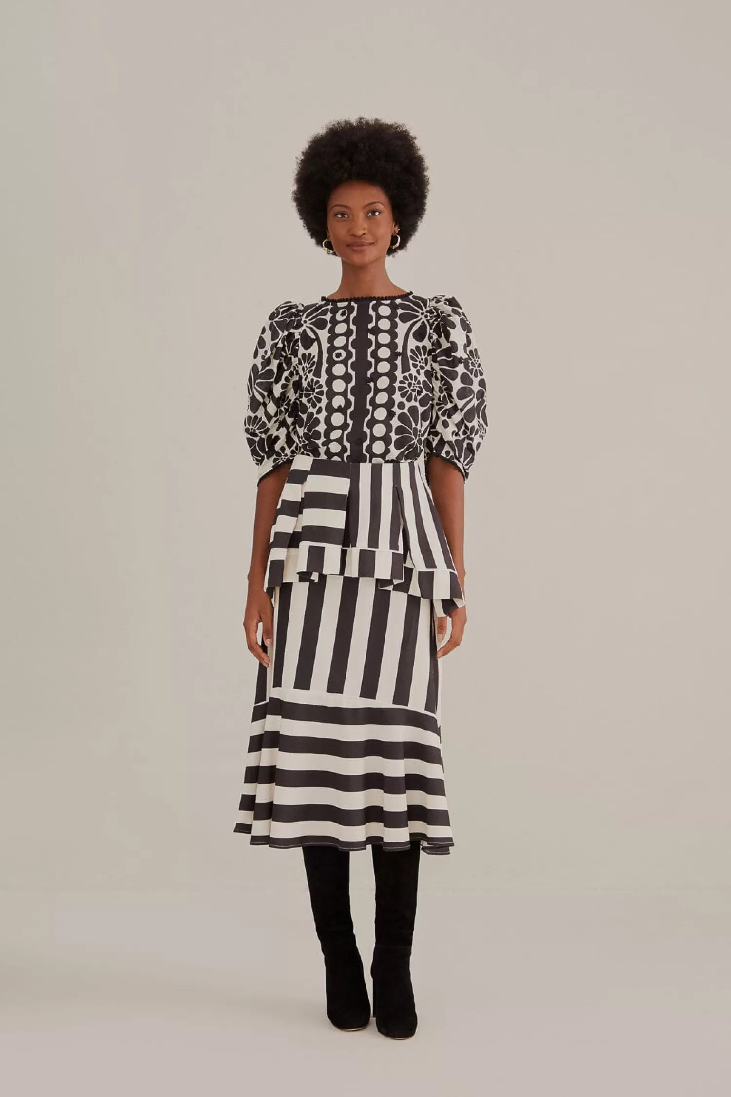 FARM Rio Skirts^ BLACK MIXED STRIPES MIDI SKIRT