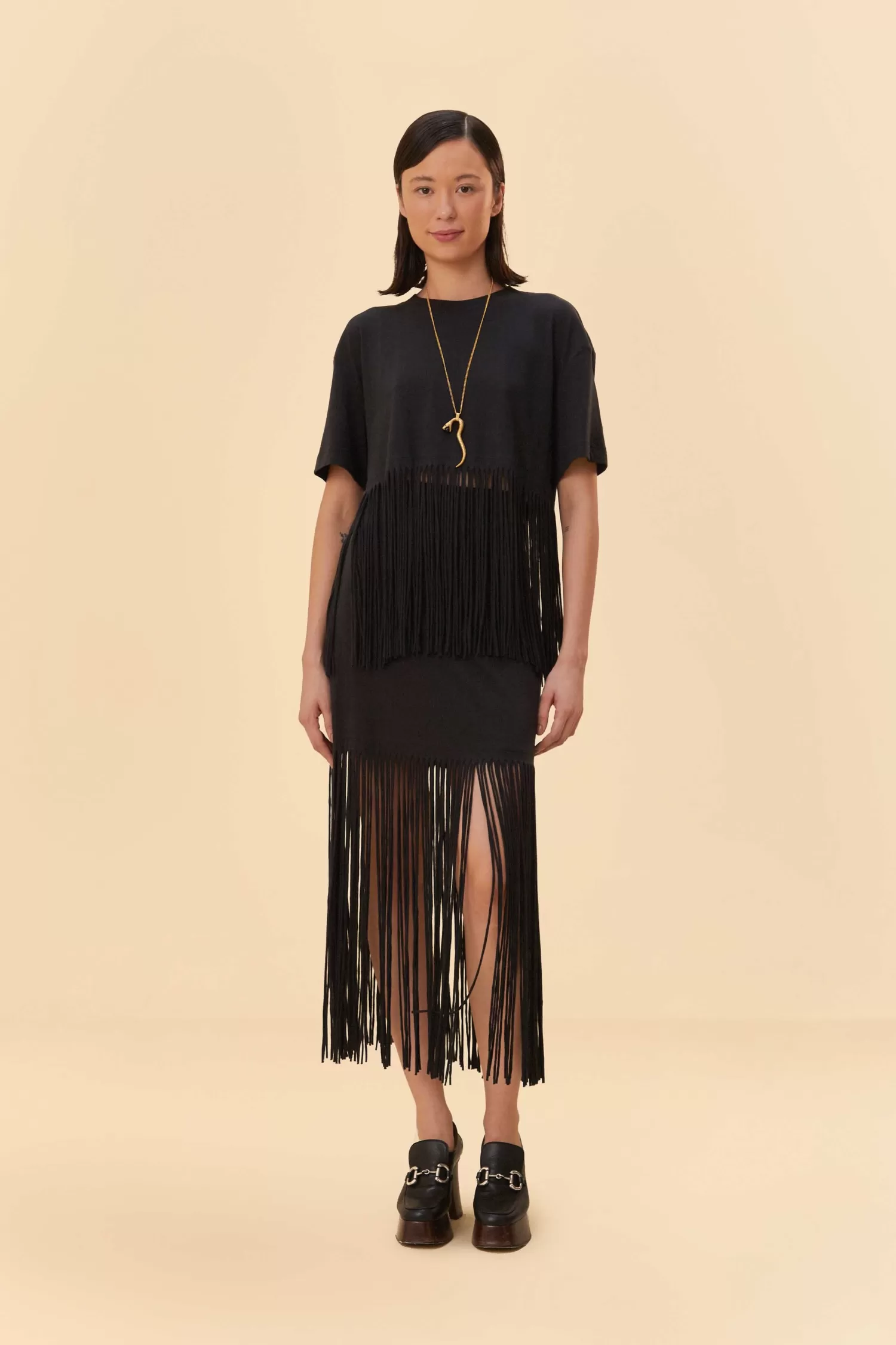 FARM Rio Skirts^ BLACK ORGANIC COTTON FRINGE MIDI  SKIRT