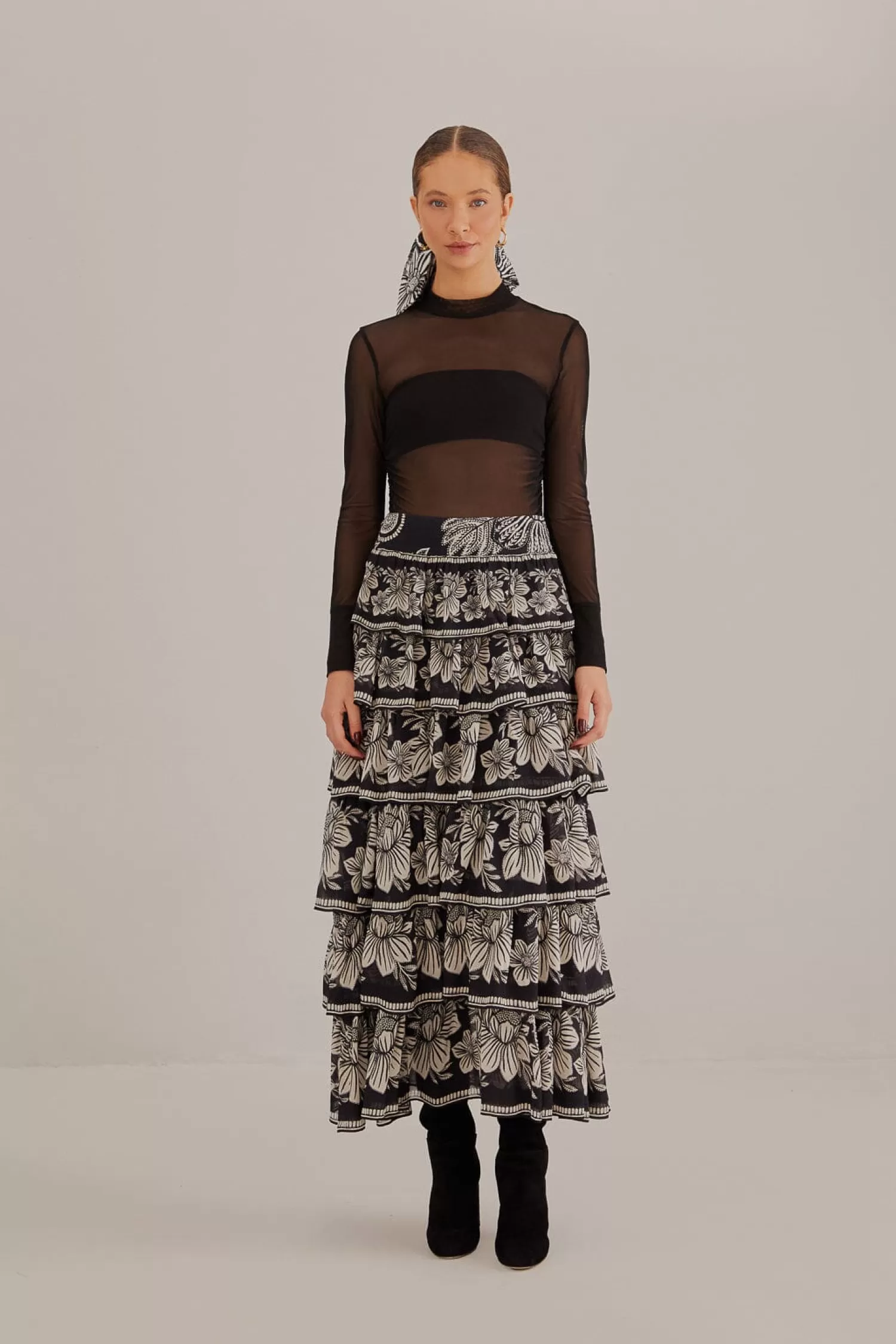 FARM Rio Skirts^ BLACK PAISLEY BLOOM TIERED SKIRT