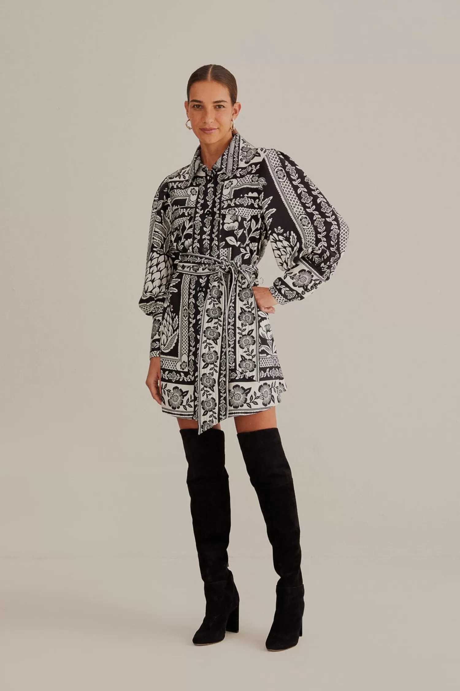 FARM Rio Mini Dresses^ BLACK PINEAPPLE GARDEN LONG SLEEVE SHIRTDRESS