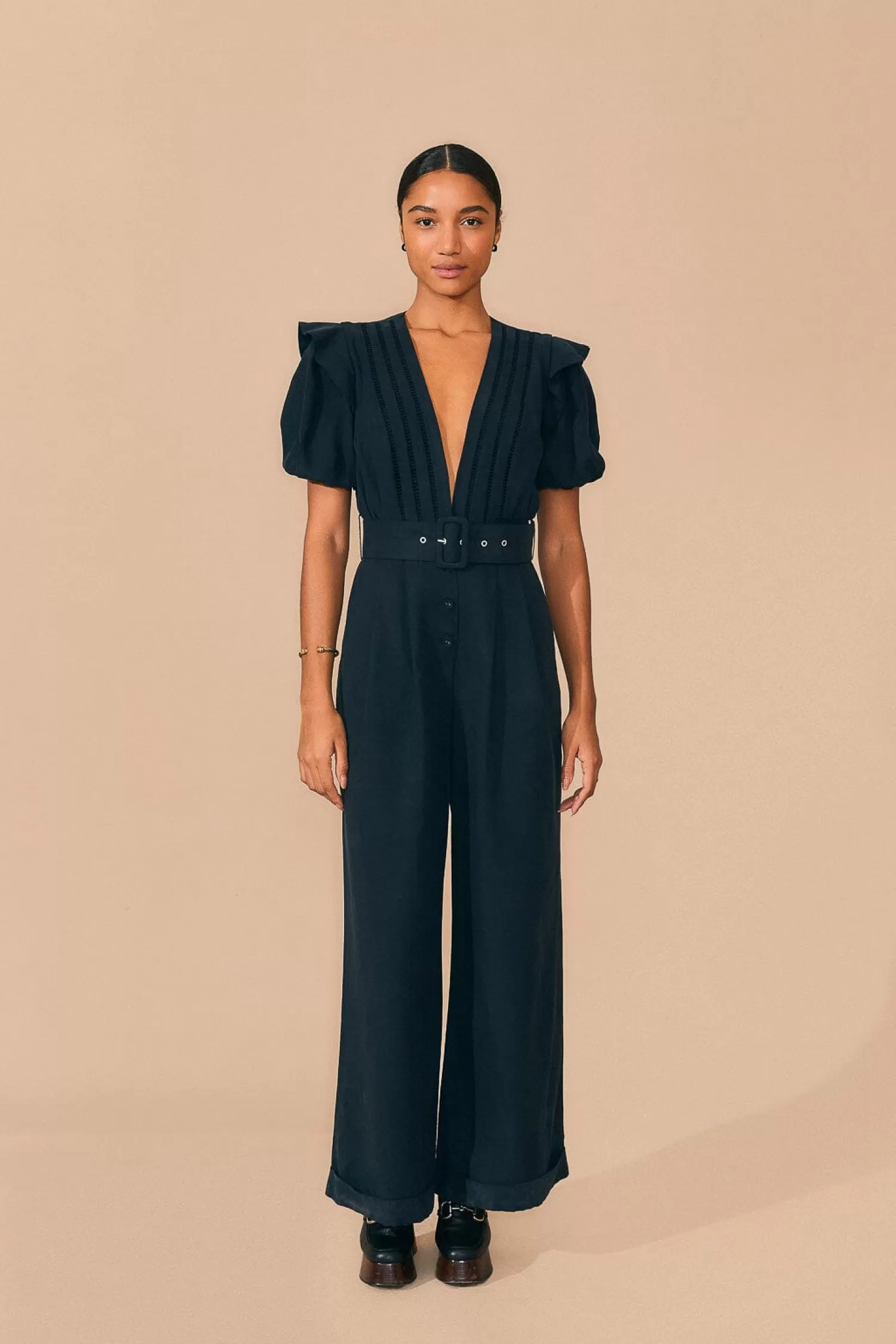 FARM Rio Jumpsuits^ BLACK PLEATED SHORT SLEEVE JUMPSUIT