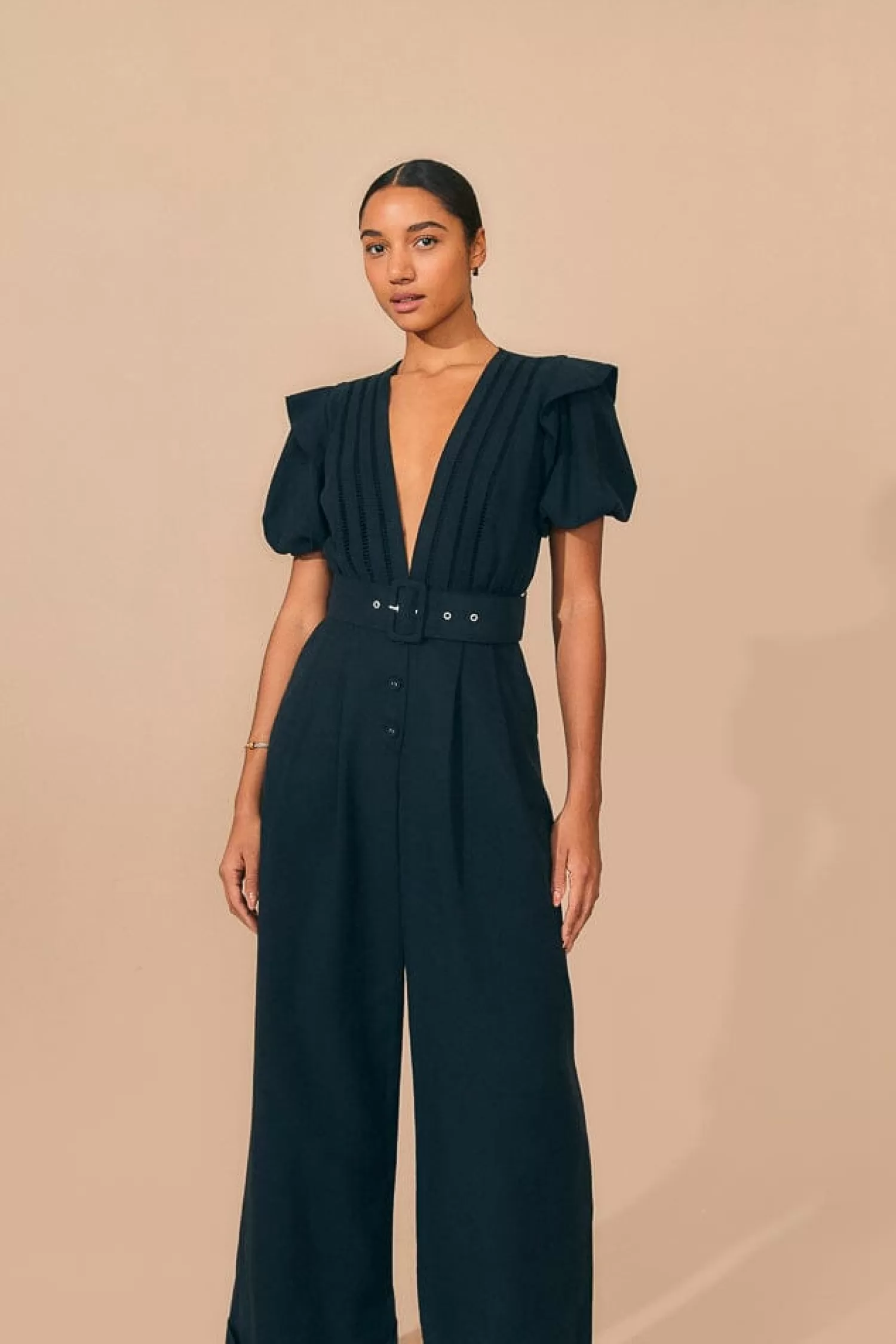 FARM Rio Jumpsuits^ BLACK PLEATED SHORT SLEEVE JUMPSUIT