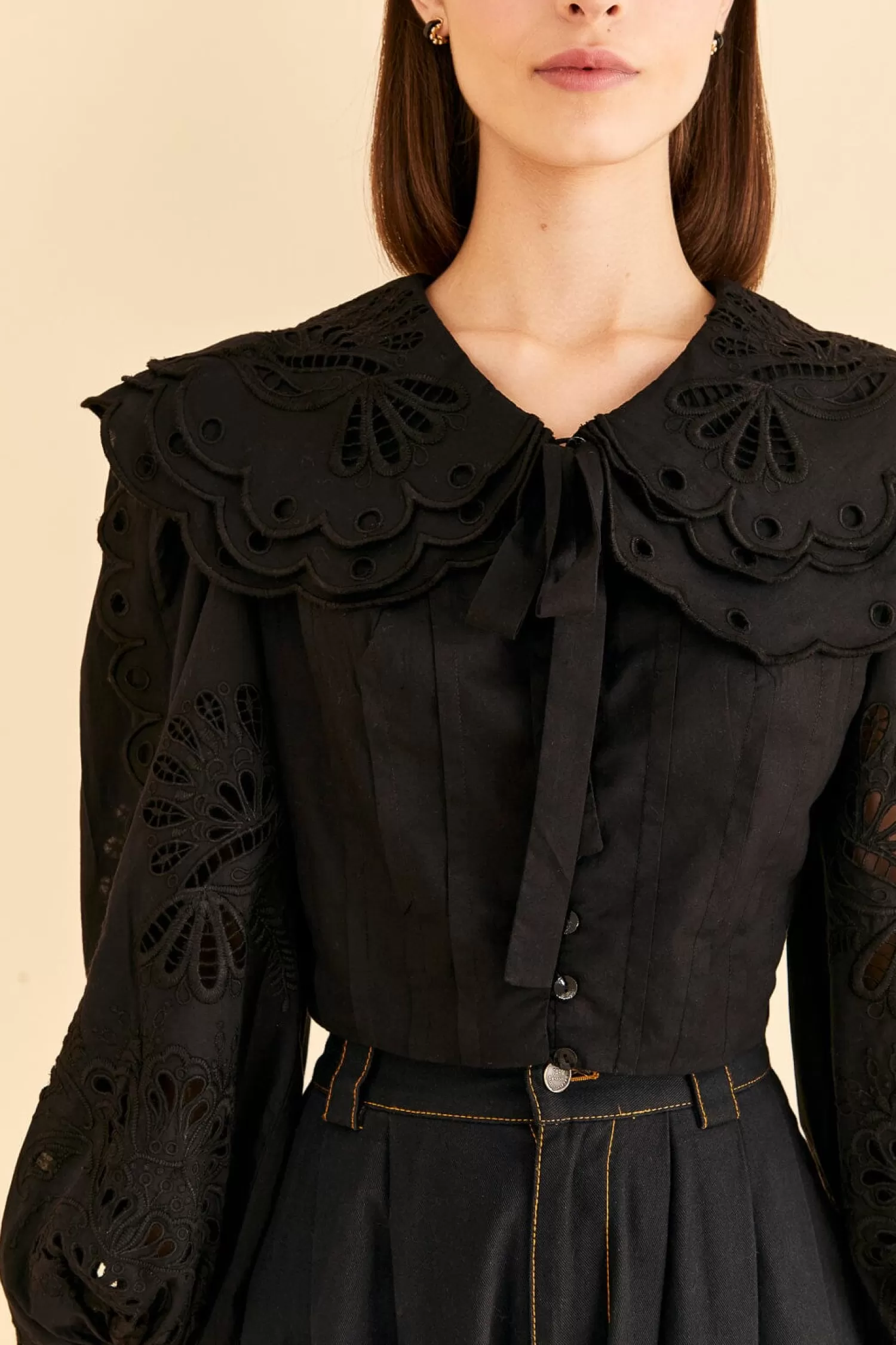 FARM Rio Blouses^ BLACK RICHELIEU BIG COLLAR BLOUSE