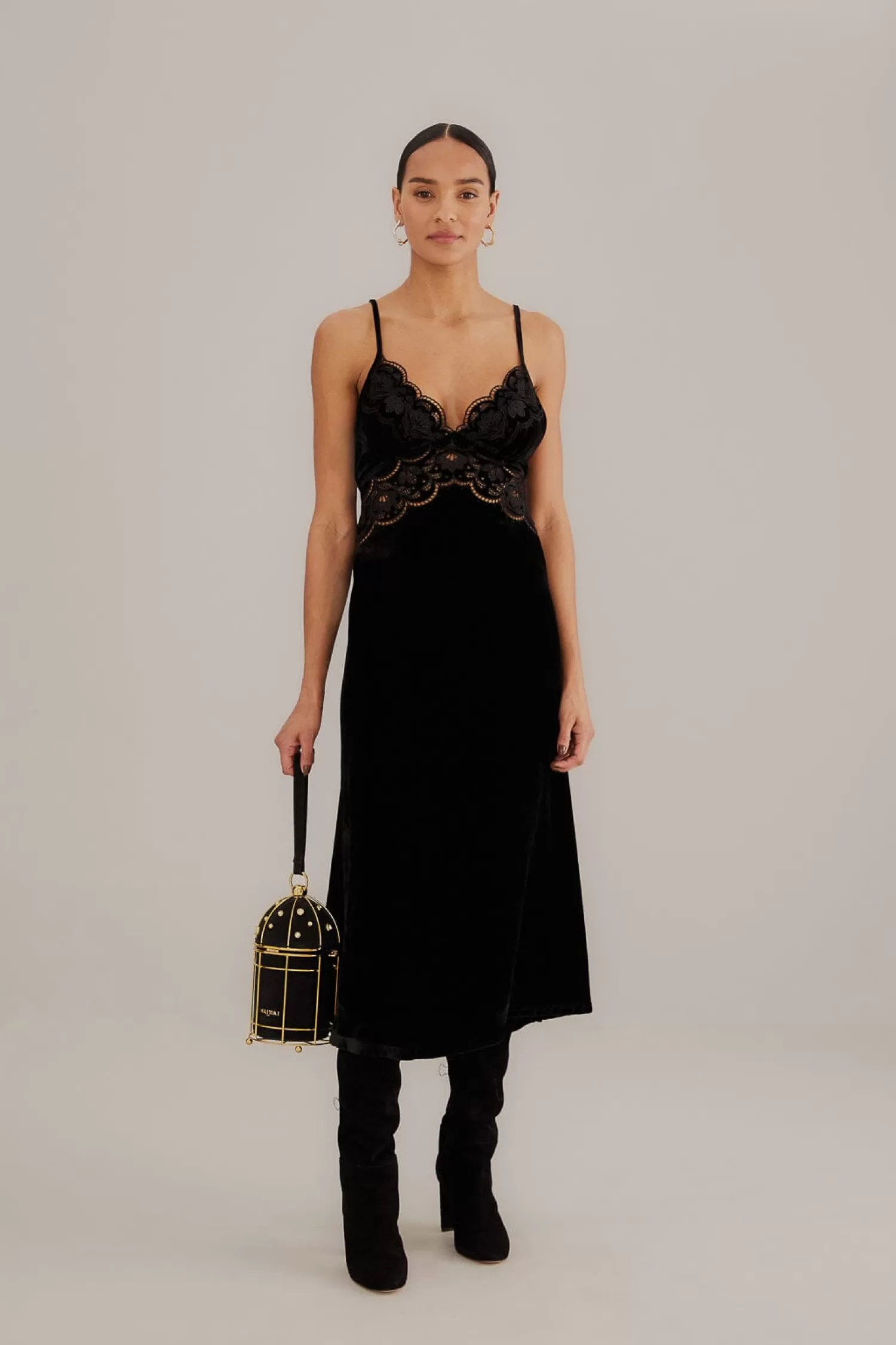 FARM Rio Midi Dresses^ BLACK RICHELIEU VELVET SLIP DRESS