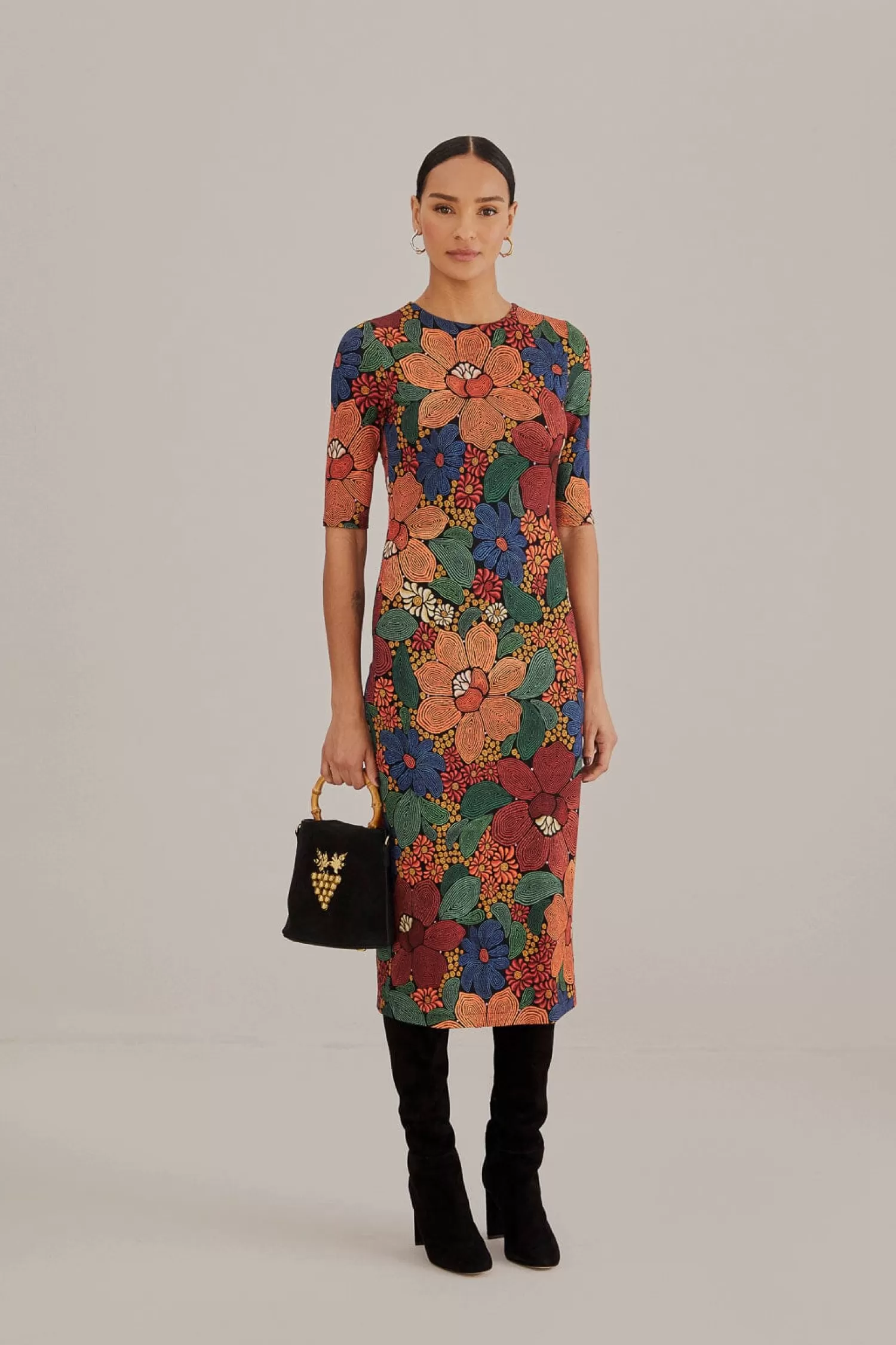 FARM Rio Midi Dresses^ BLACK STITCHED FLOWERS LENZING™ ECOVERO™ VISCOSE MIDI DRESS