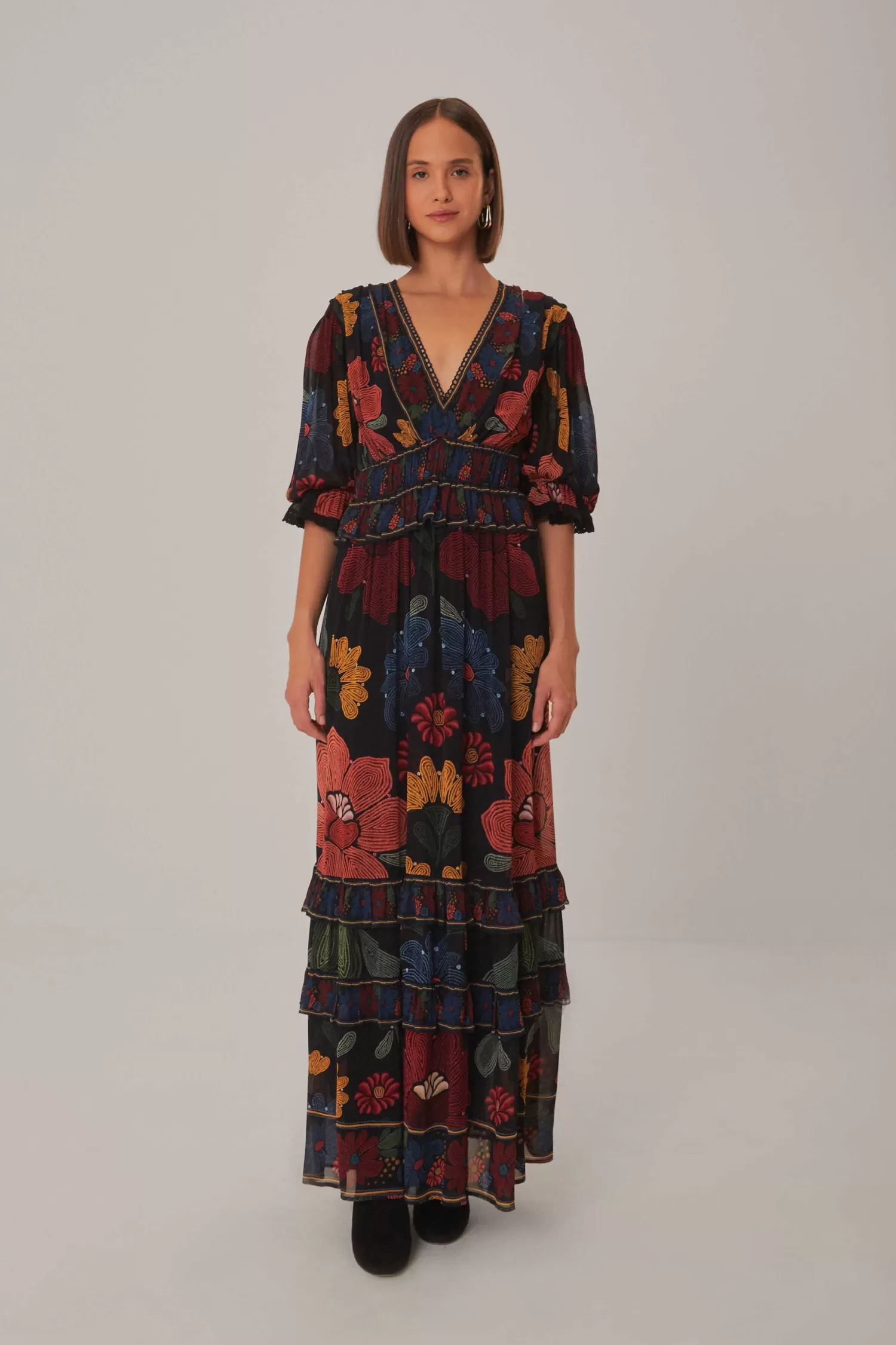 FARM Rio Maxi Dresses^ BLACK STITCHED GARDEN SHORT SLEEVE MAXI DRESS