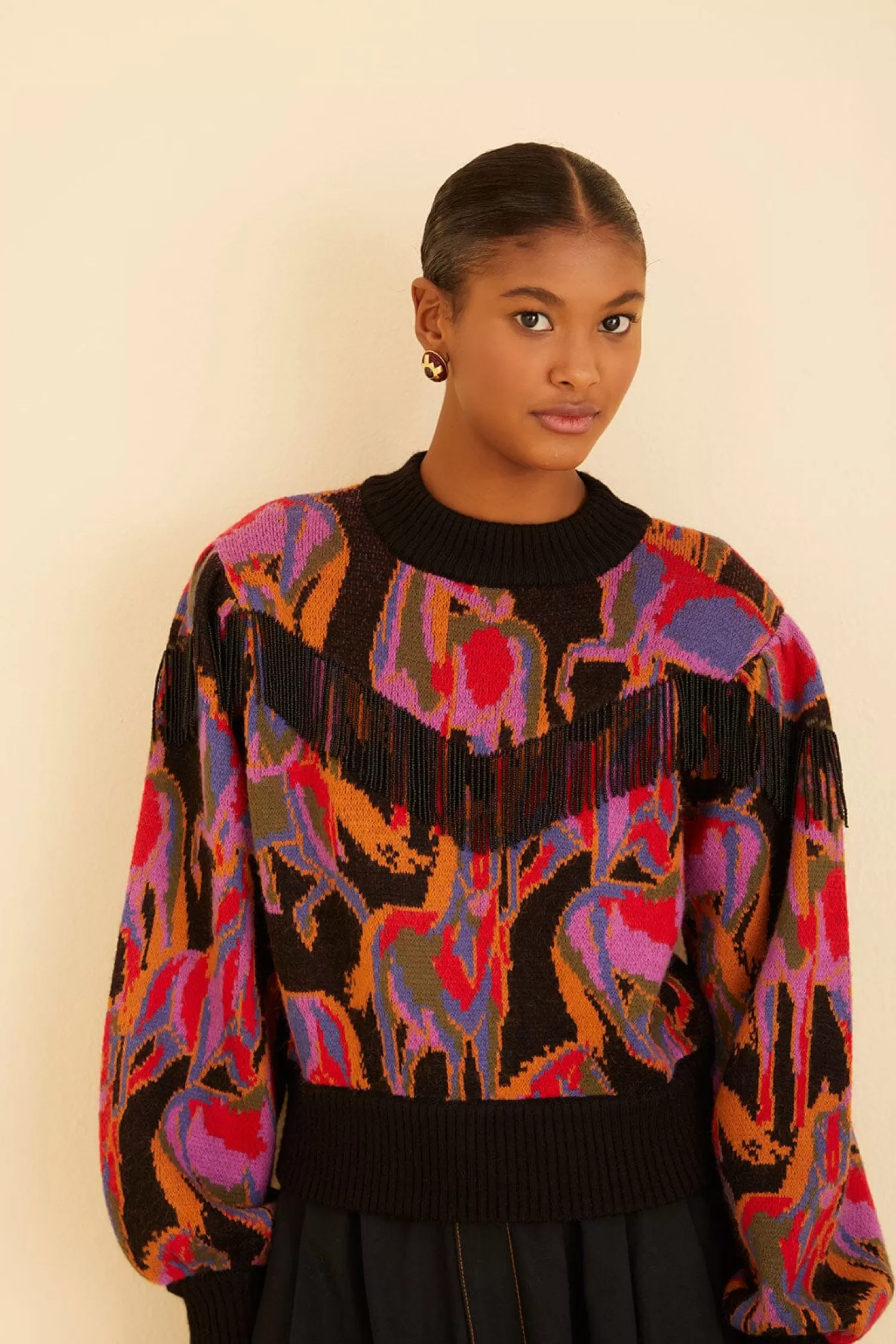 FARM Rio Sweaters & Sweatshirts^ BLACK WILD HORSES FRINGE SWEATER