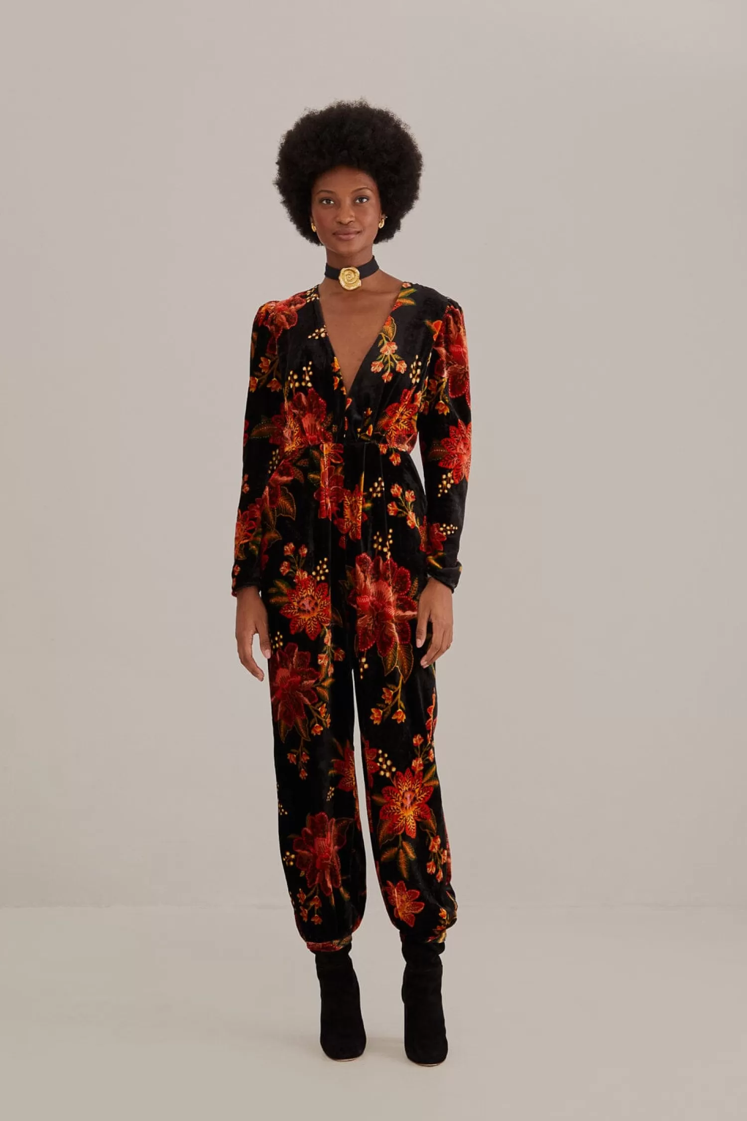 FARM Rio Jumpsuits^ BLACK WINTER BLOOM V NECK JUMPSUIT