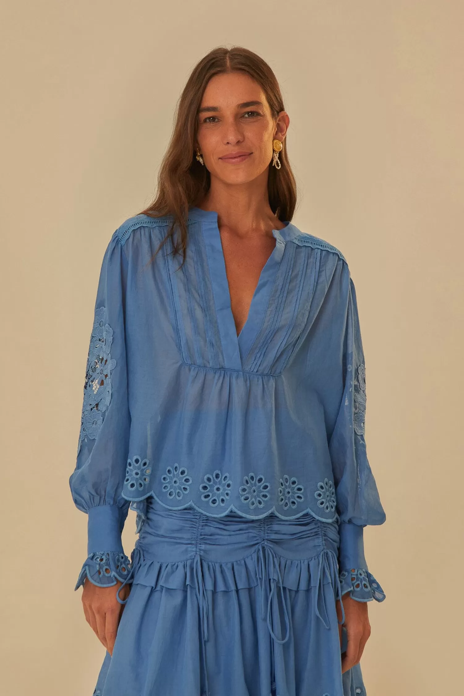 FARM Rio Blouses^ BLUE LONG SLEEVE ORGANIC COTTON BLOUSE