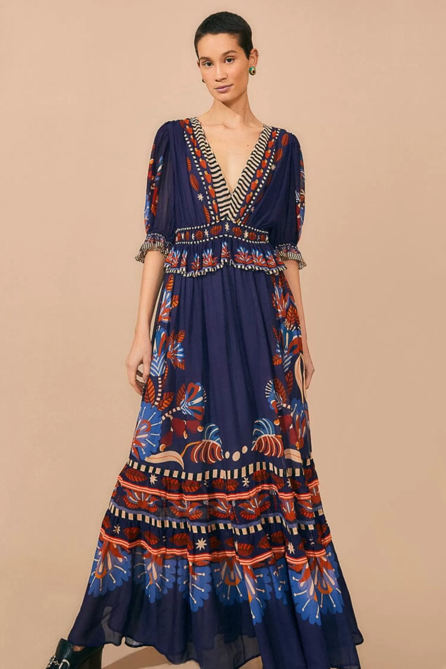 FARM Rio Maxi Dresses^ BLUE NATURE BEAUTY SHORT SLEEVE MAXI DRESS