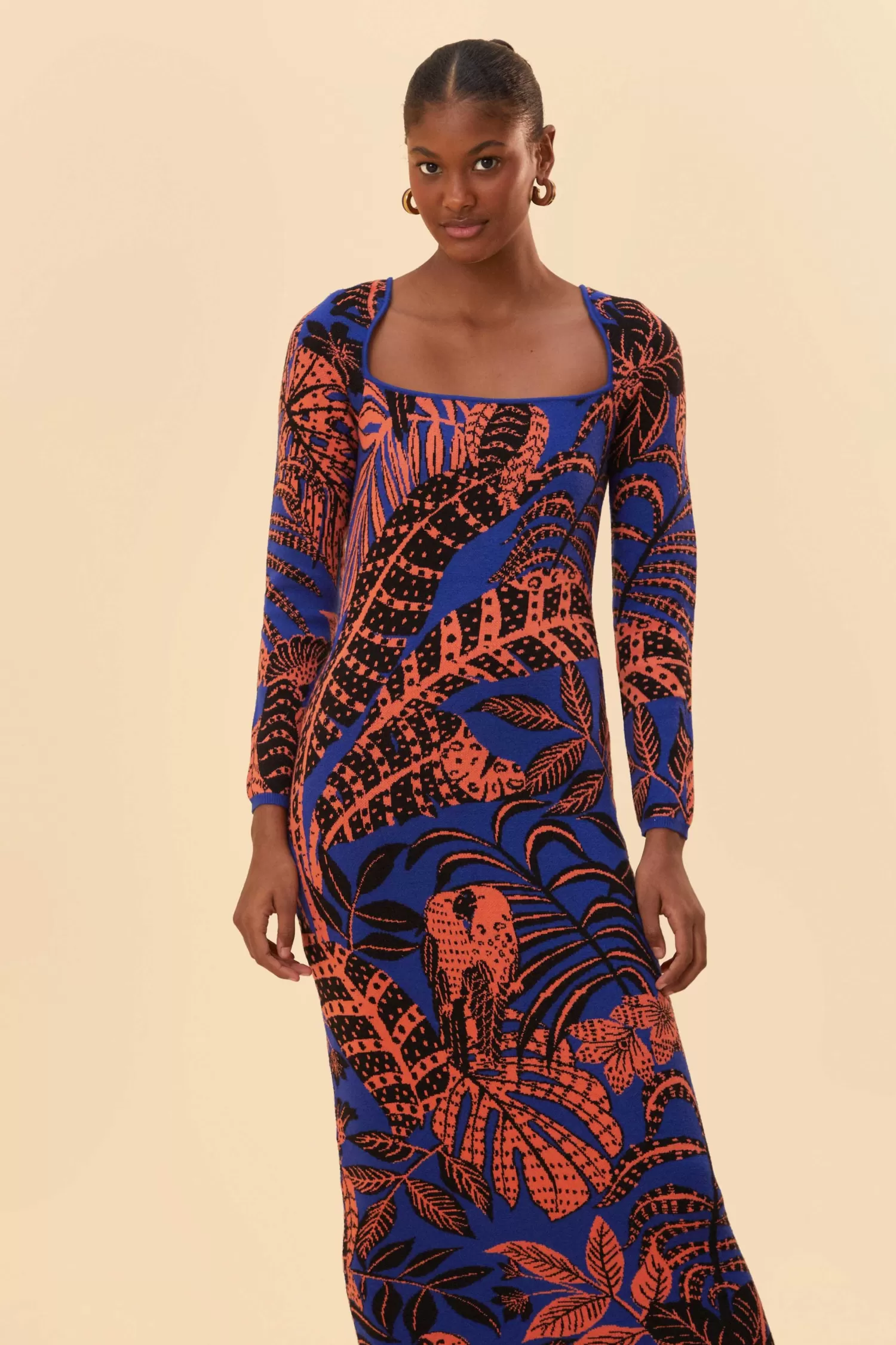 FARM Rio Midi Dresses^ BLUE TROPICAL GOLD LONG SLEEVE DRESS