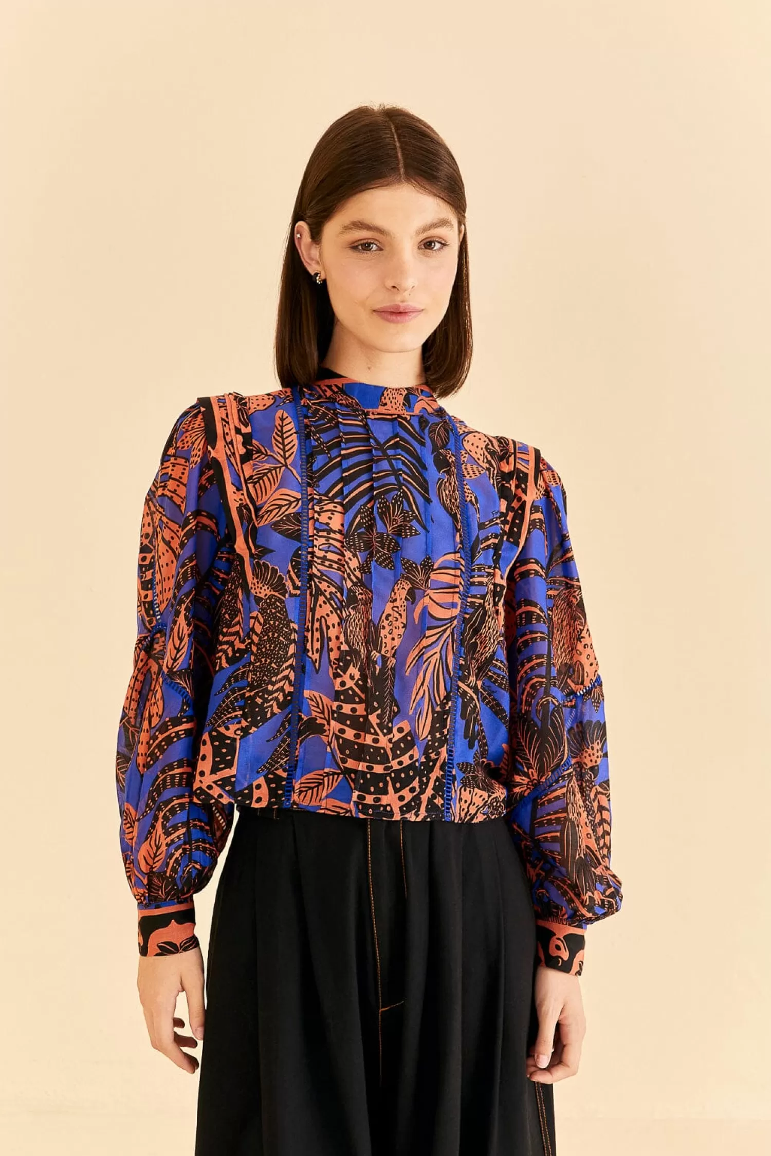 FARM Rio Blouses^ BLUE TROPICAL GOLD PLEATED LONG SLEEVE BLOUSE