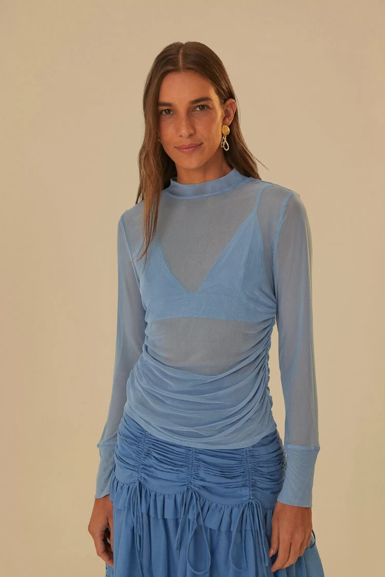 FARM Rio Blouses^ BLUE TULLE LONG SLEEVED BLOUSE