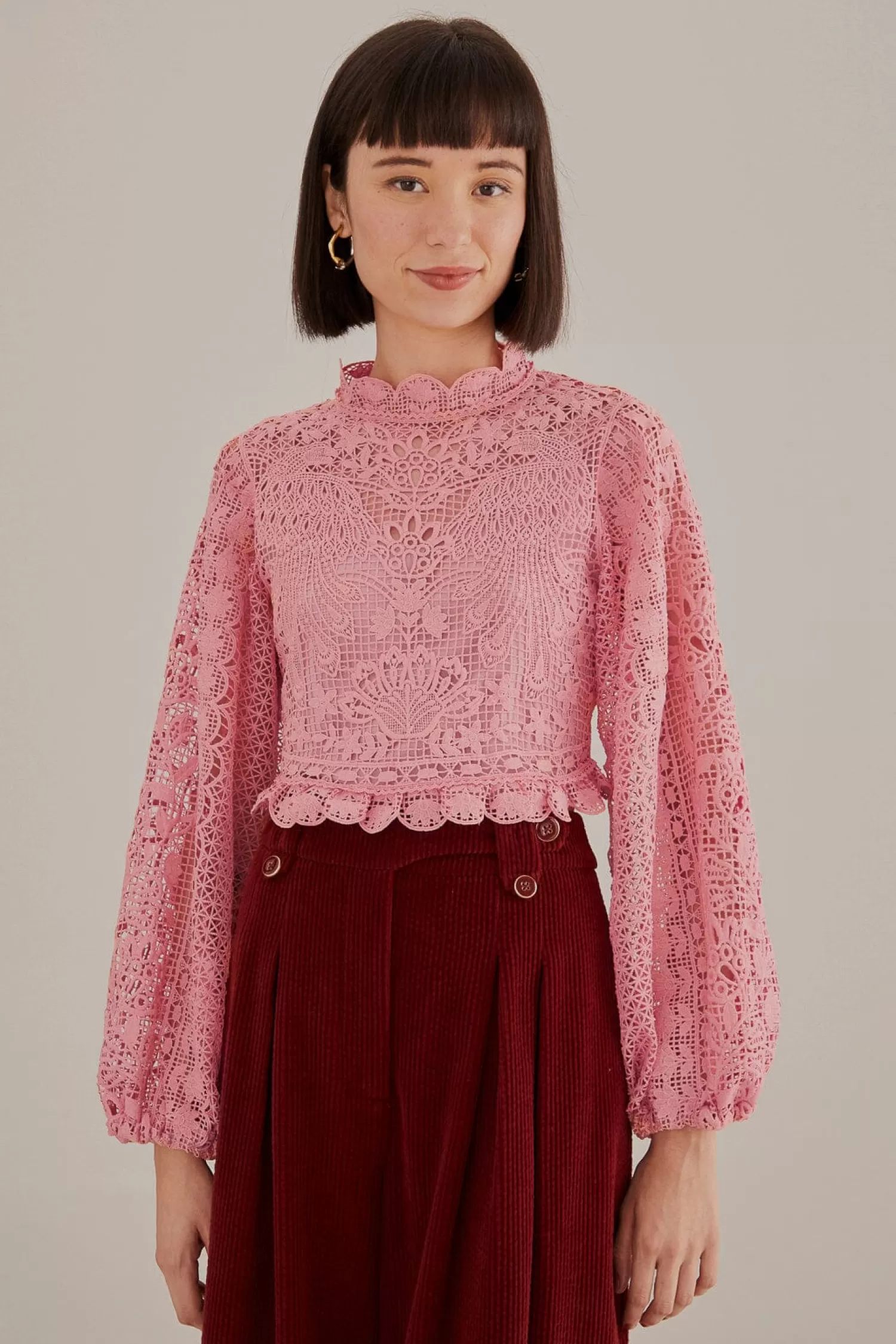 FARM Rio Blouses^ BLUSH PINK GUIPURE LONG SLEEVE BLOUSE