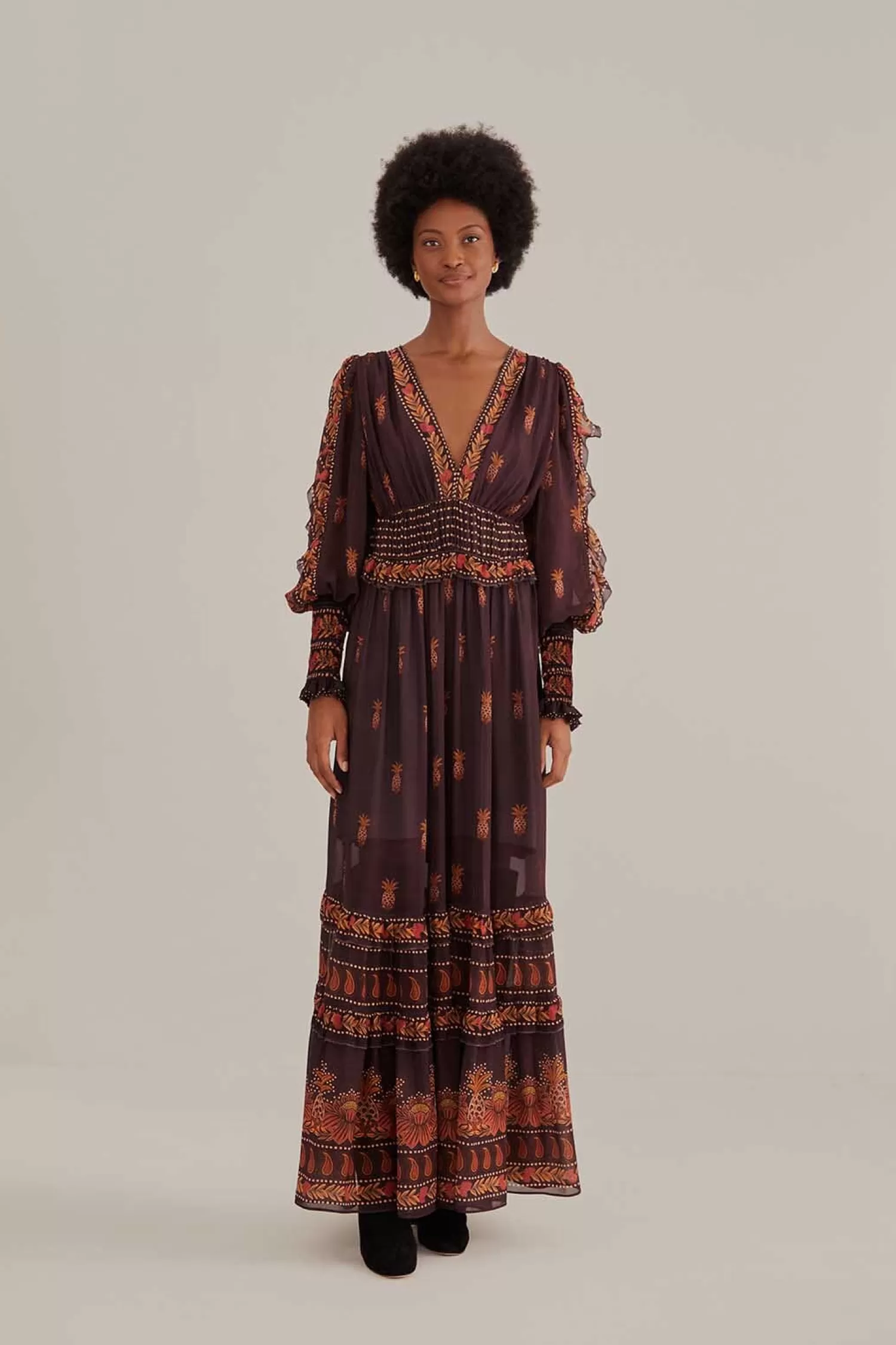 FARM Rio Maxi Dresses^ BROWN PAISLEY BLOOM LONG SLEEVE MAXI DRESS