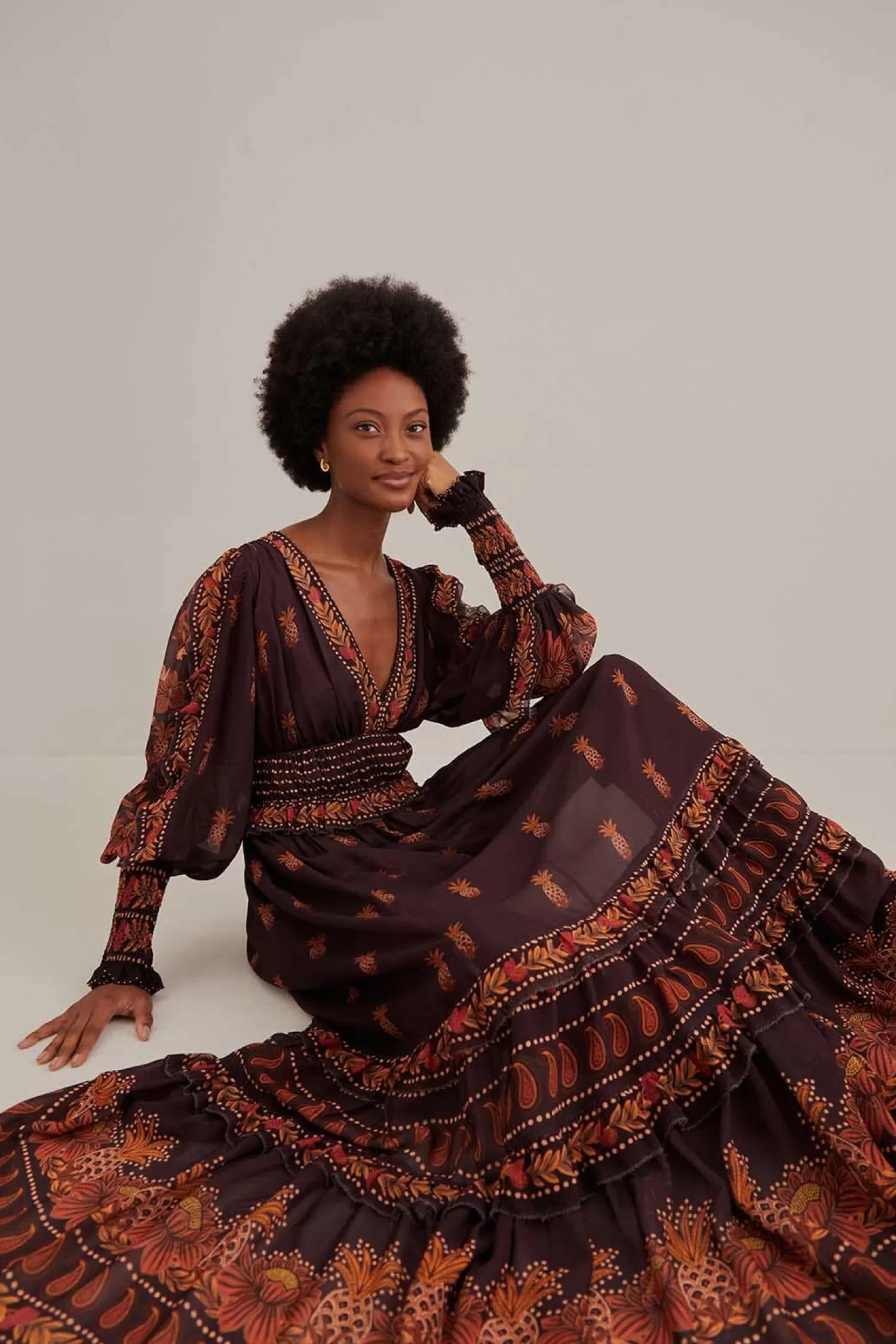 FARM Rio Maxi Dresses^ BROWN PAISLEY BLOOM LONG SLEEVE MAXI DRESS