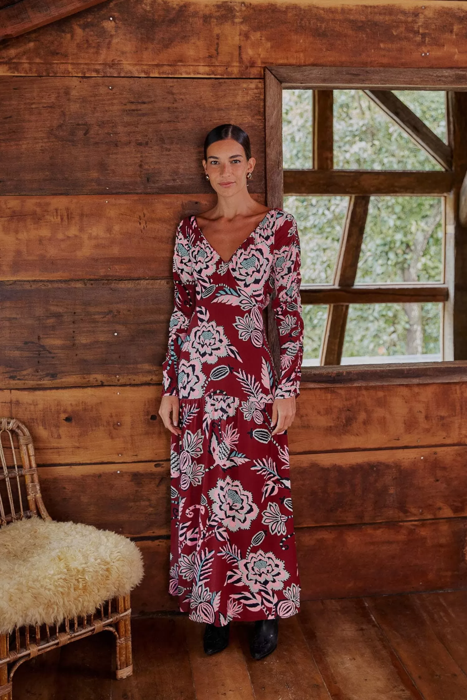 FARM Rio Maxi Dresses^ BURGUNDY PINEAPPLE INSPIRATION V NECK MAXI DRESS