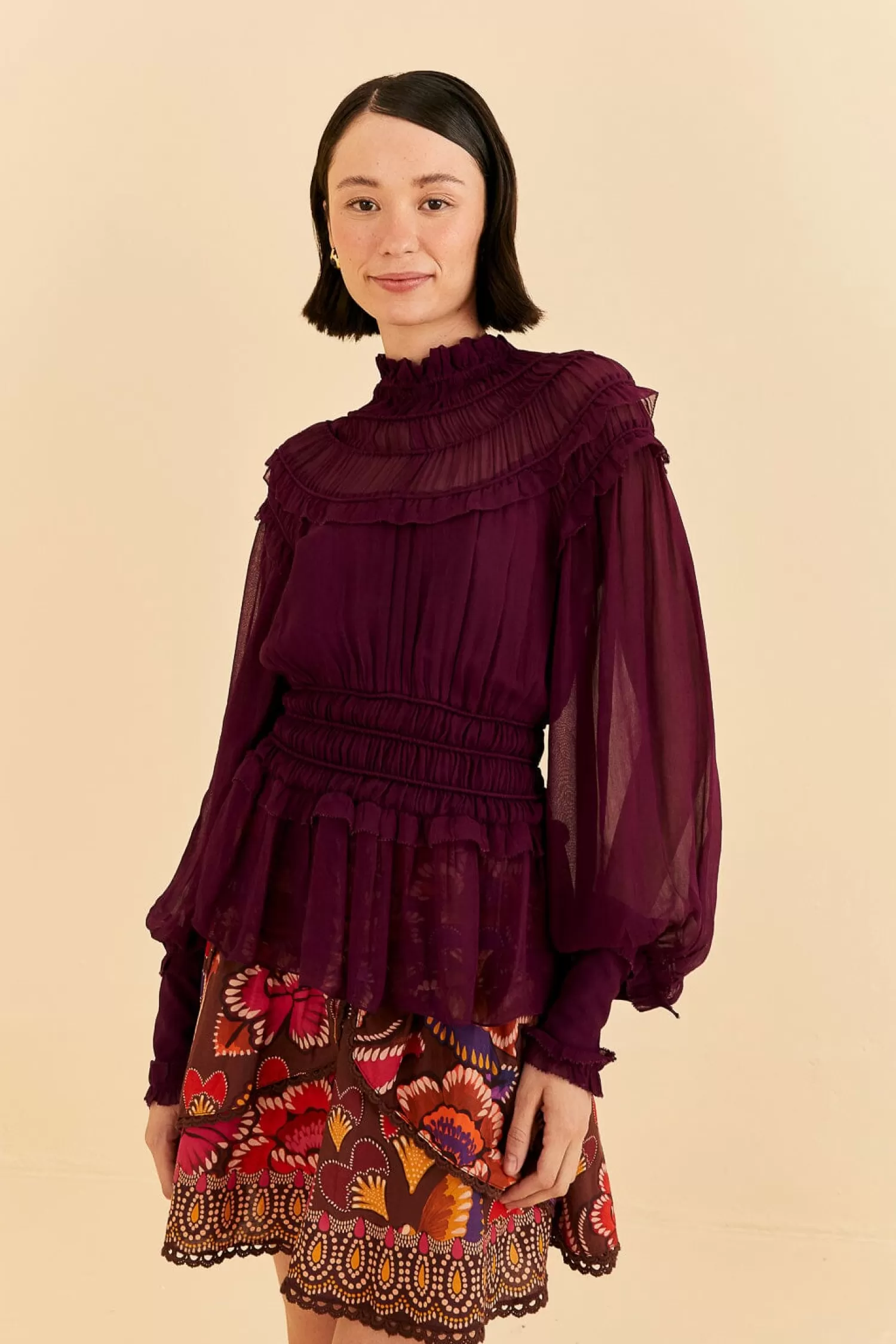 FARM Rio Blouses^ BURGUNDY RUFFLE HIGH NECK BLOUSE