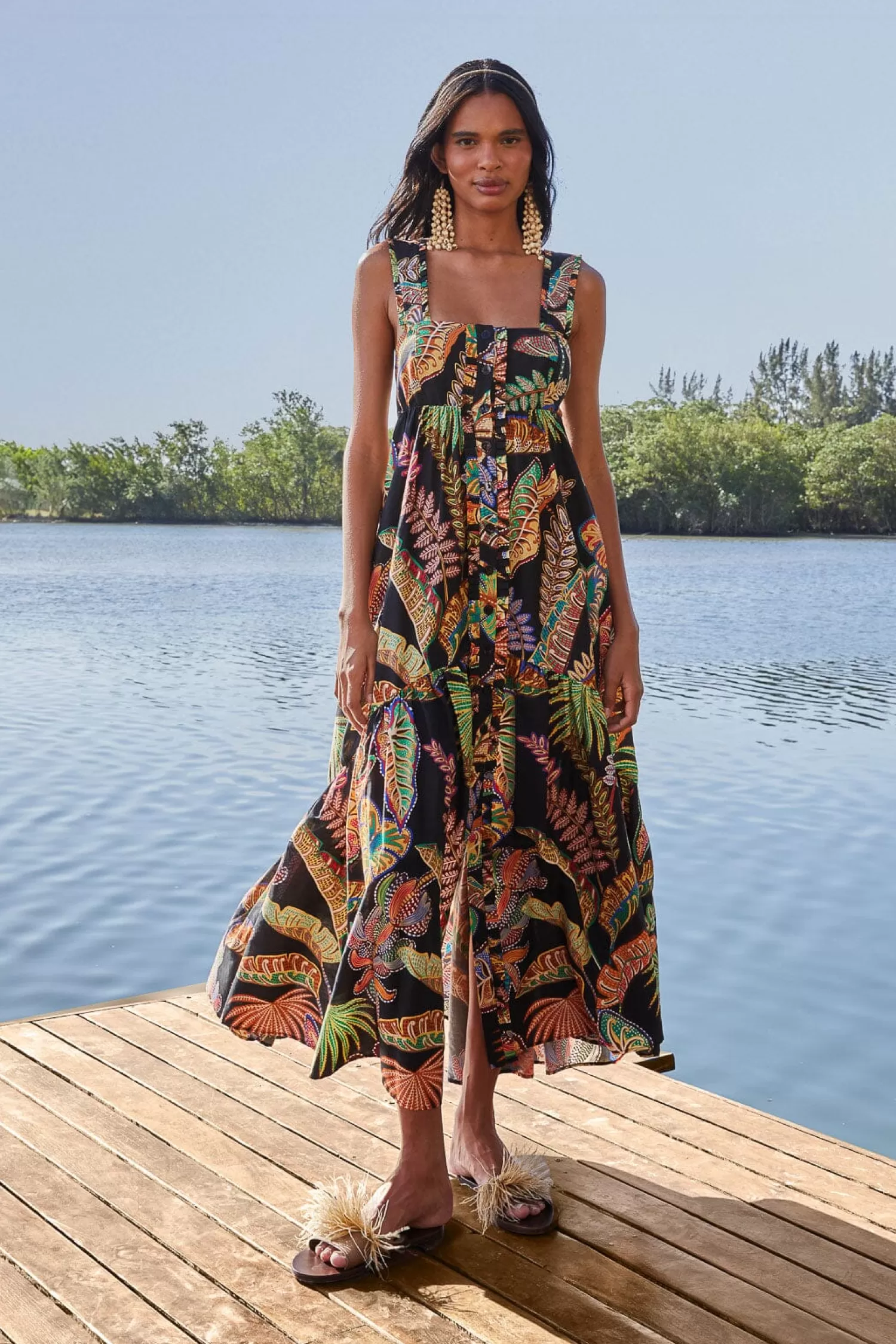 FARM Rio Maxi Dresses^ COOL FOLIAGE BLACK SLEEVELESS MAXI DRESS