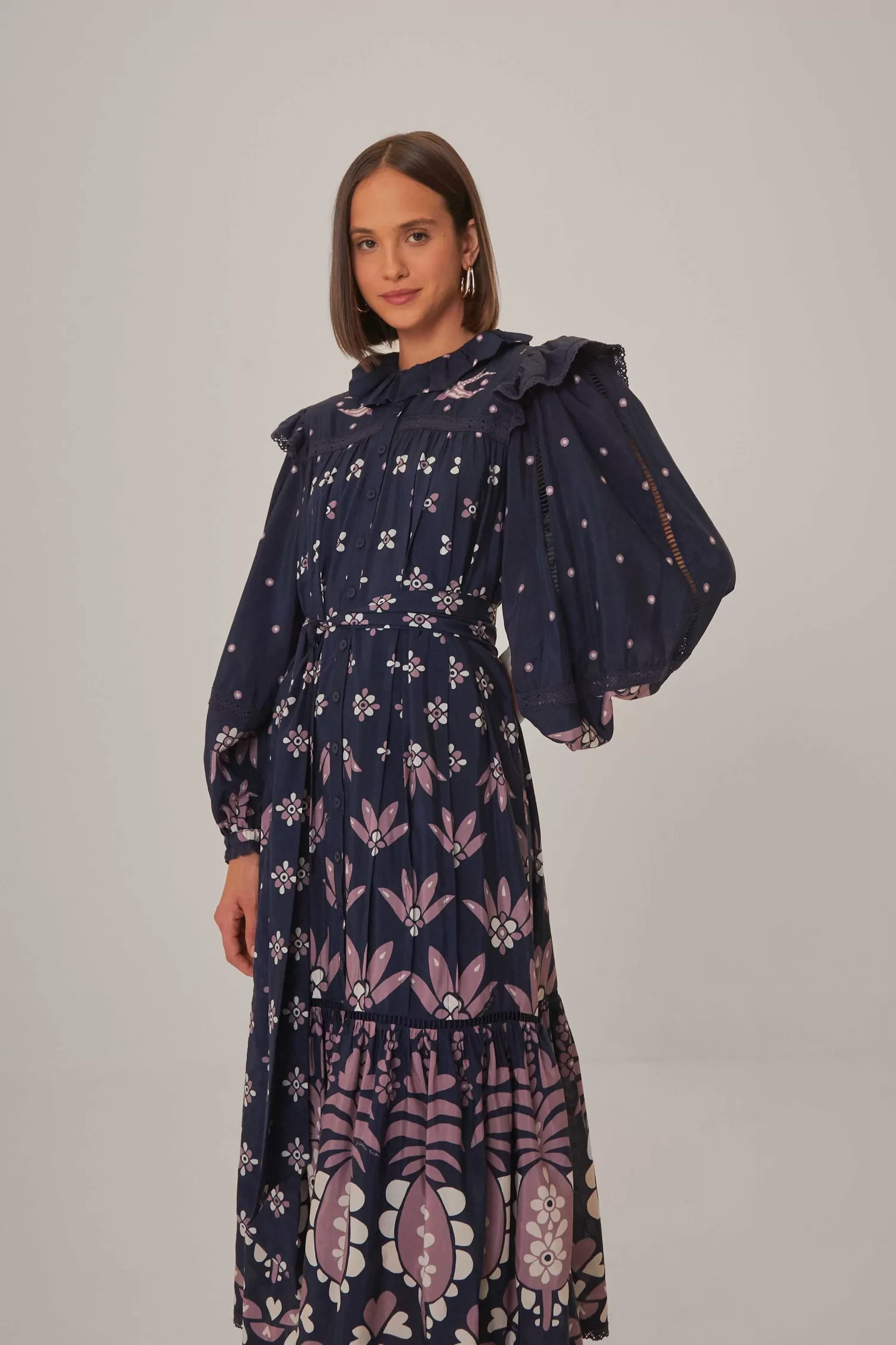 FARM Rio Midi Dresses^ DARK BLUE AINIKA MARTINA LONG SLEEVE MIDI DRESS