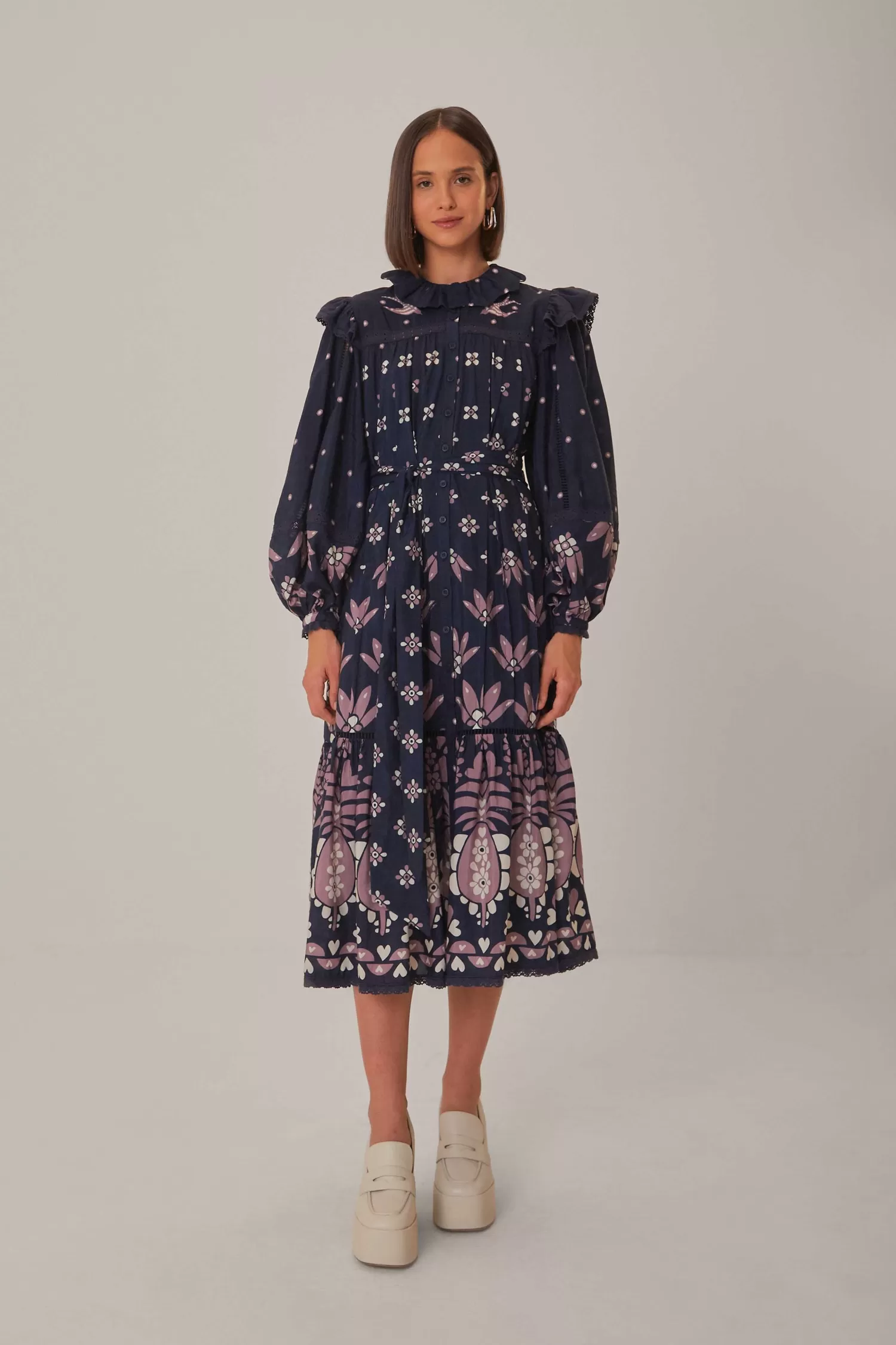 FARM Rio Midi Dresses^ DARK BLUE AINIKA MARTINA LONG SLEEVE MIDI DRESS