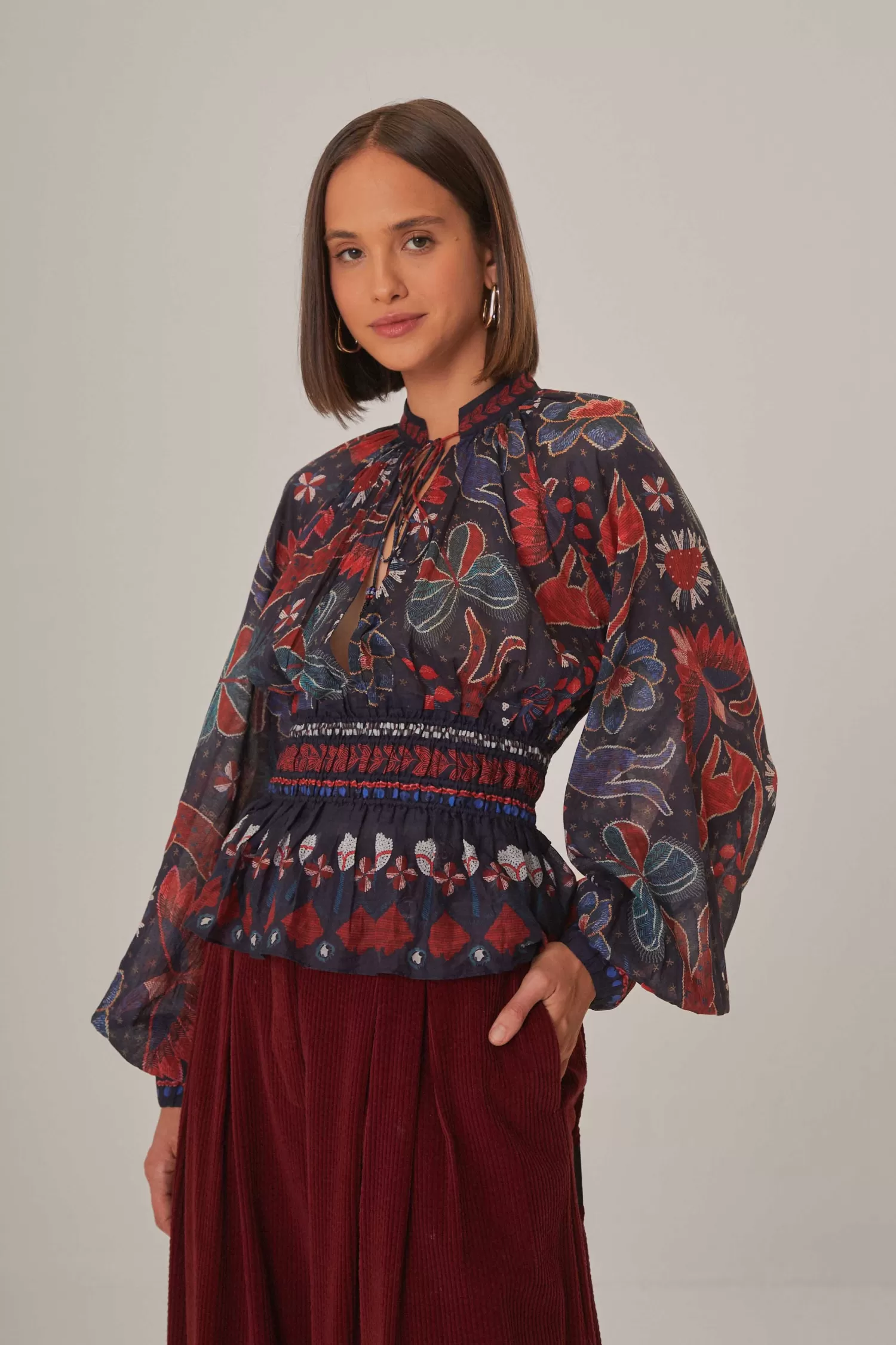 FARM Rio Blouses^ DARK BLUE TROPICAL SHINE V NECK BLOUSE