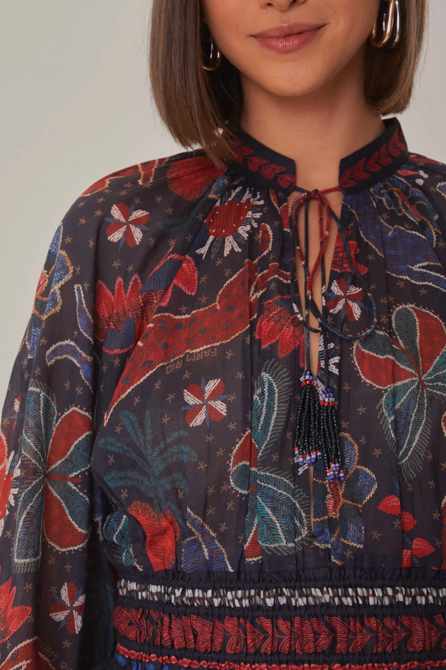 FARM Rio Blouses^ DARK BLUE TROPICAL SHINE V NECK BLOUSE