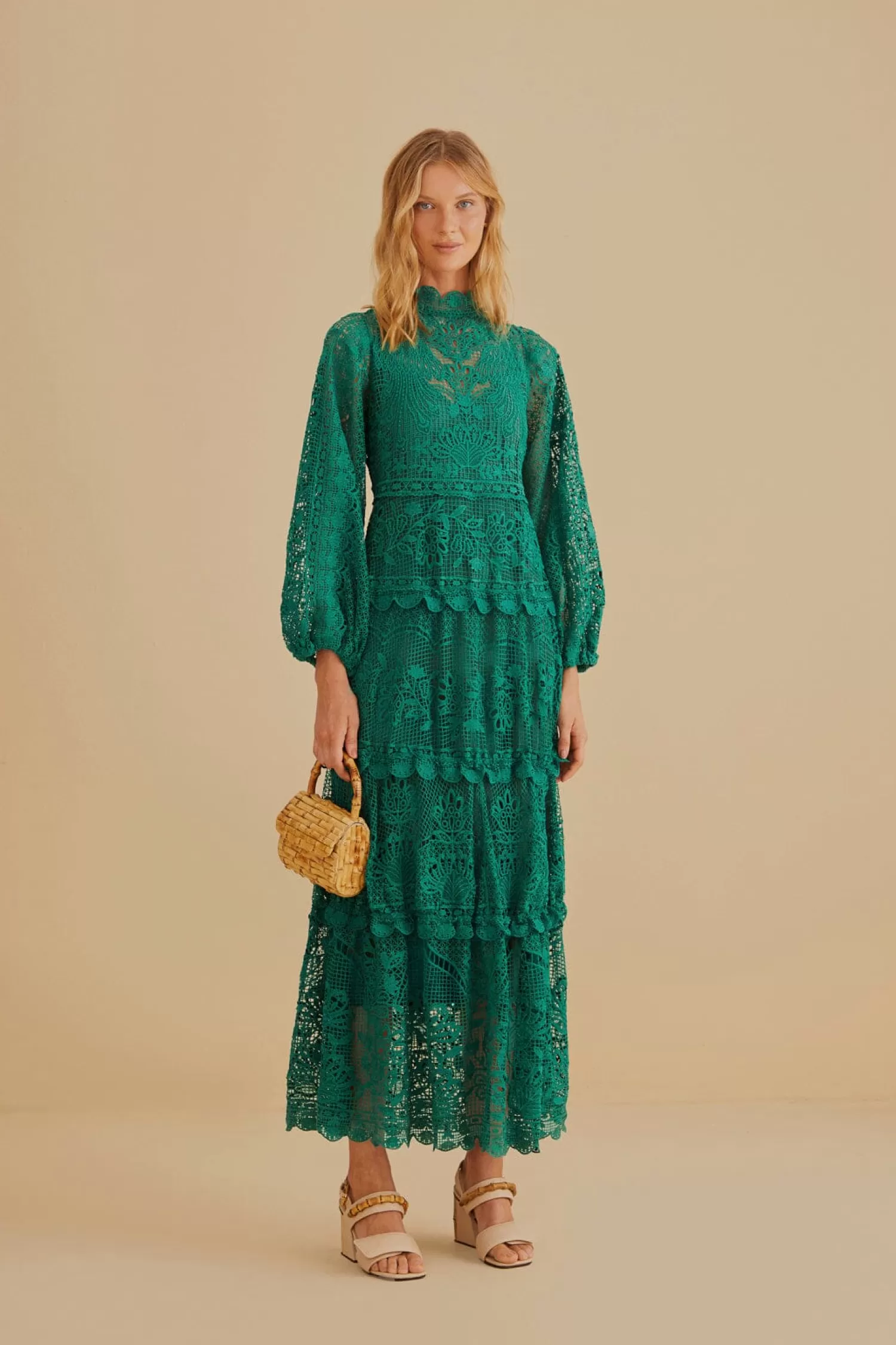 FARM Rio Maxi Dresses^ DARK GREEN GUIPURE LONG SLEEVE MAXI DRESS