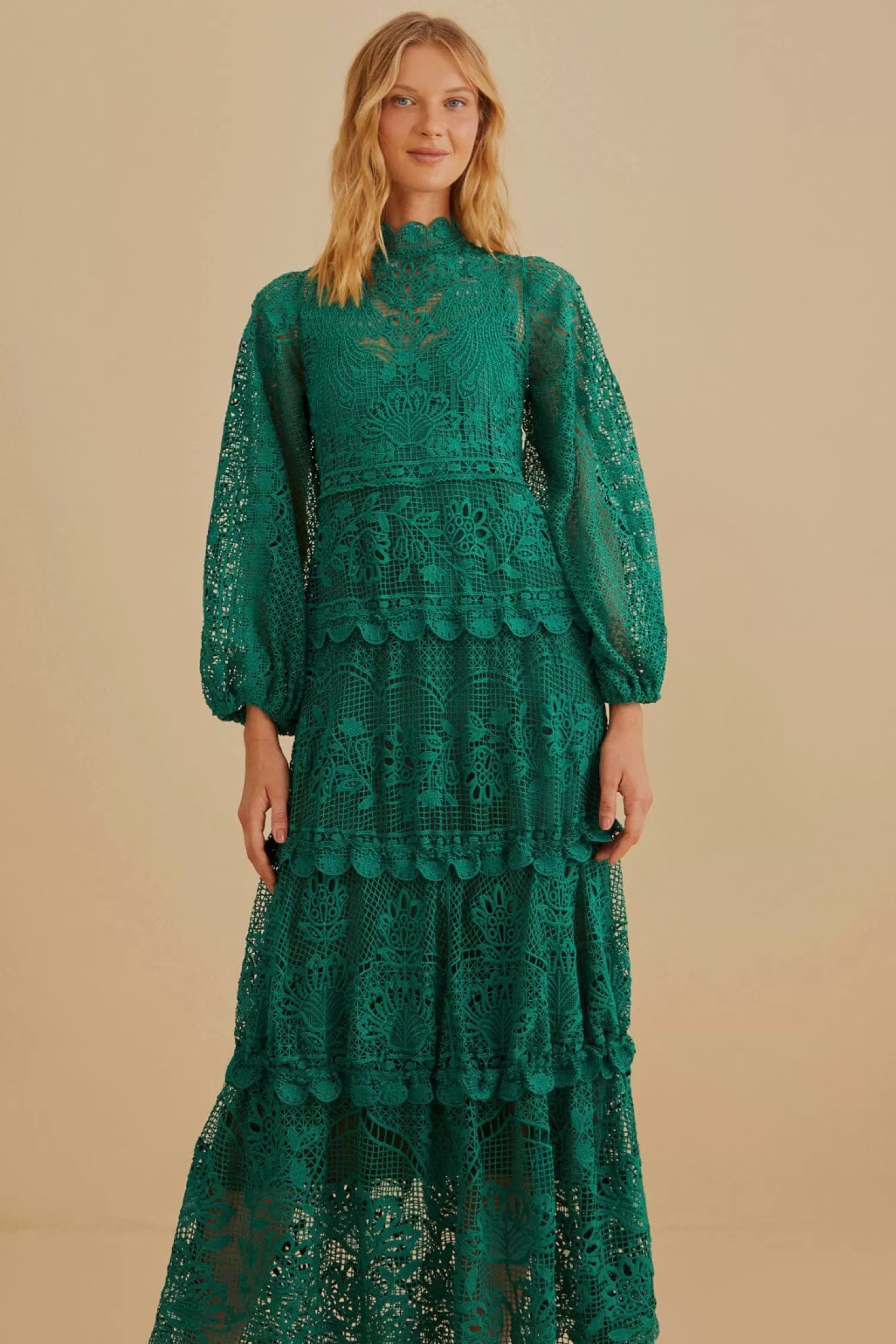 FARM Rio Maxi Dresses^ DARK GREEN GUIPURE LONG SLEEVE MAXI DRESS