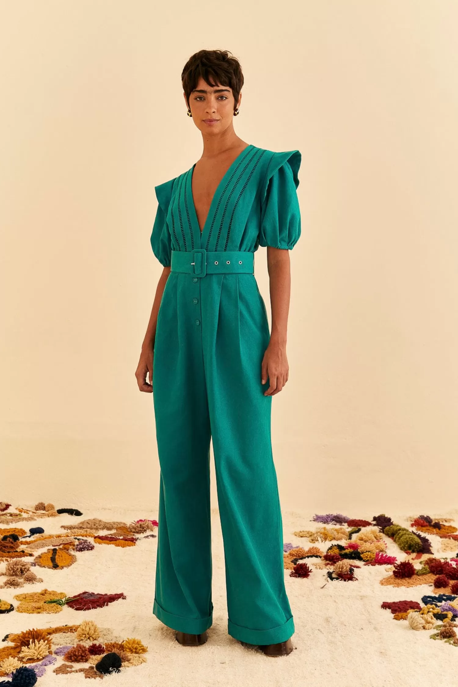 FARM Rio Jumpsuits^ EMERALD PLEATED SHORT SLEEVE JUMPSUIT